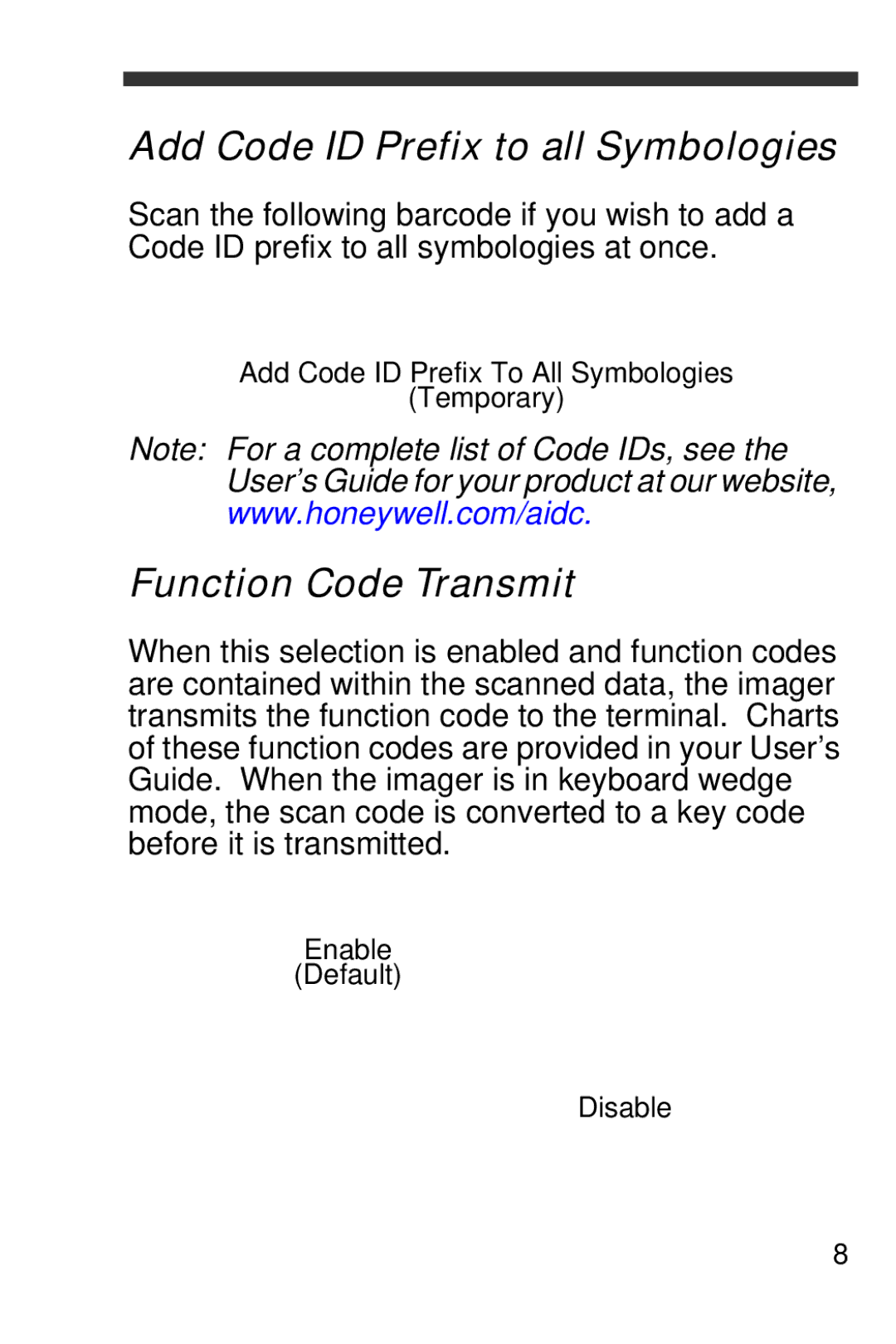 Honeywell 4600g, 4800i, 4600rp quick start Add Code ID Prefix to all Symbologies, Function Code Transmit 