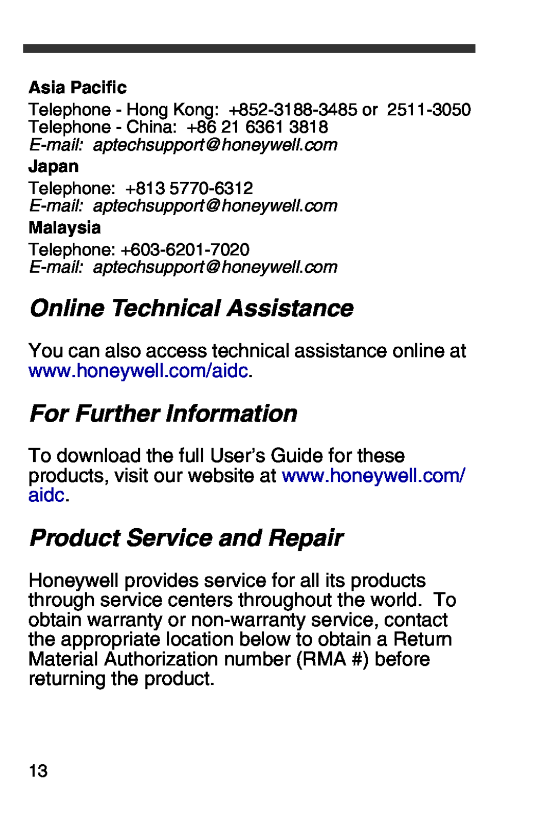 Honeywell 4600rp Online Technical Assistance, For Further Information, Product Service and Repair, Asia Pacific, Japan 