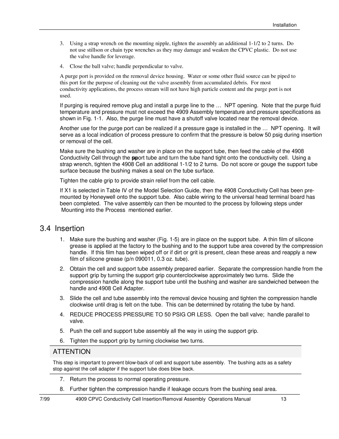 Honeywell 4909 CPVC manual Insertion 