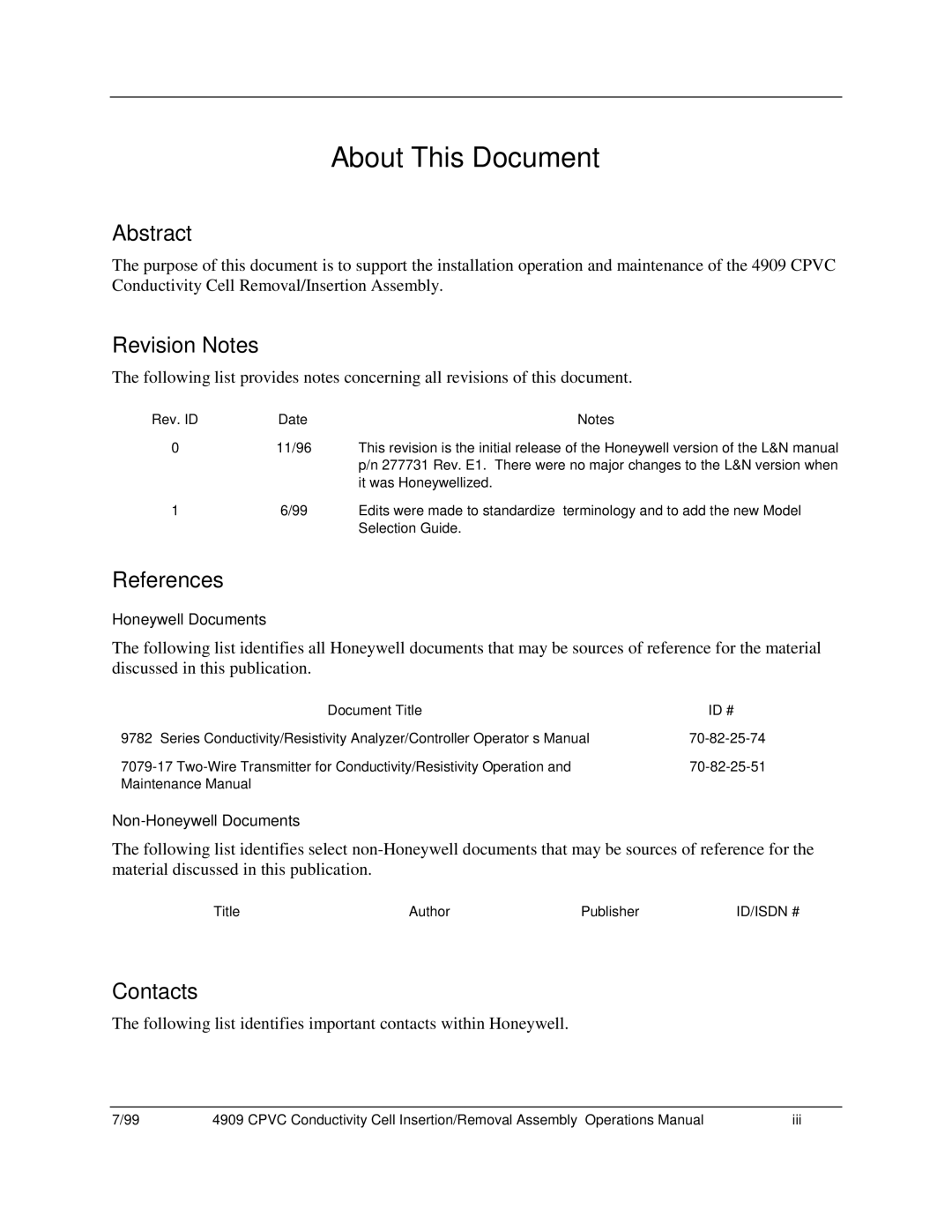 Honeywell 4909 CPVC manual Abstract, Revision Notes, References, Contacts 