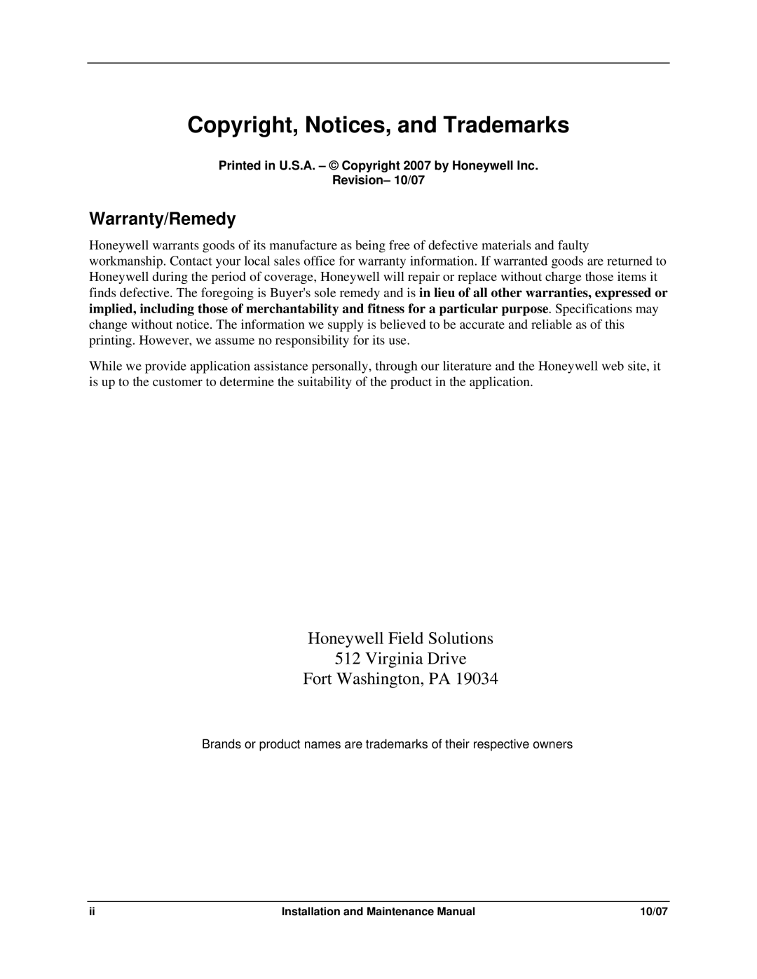 Honeywell 4973 Series manual Copyright, Notices, and Trademarks, Warranty/Remedy 