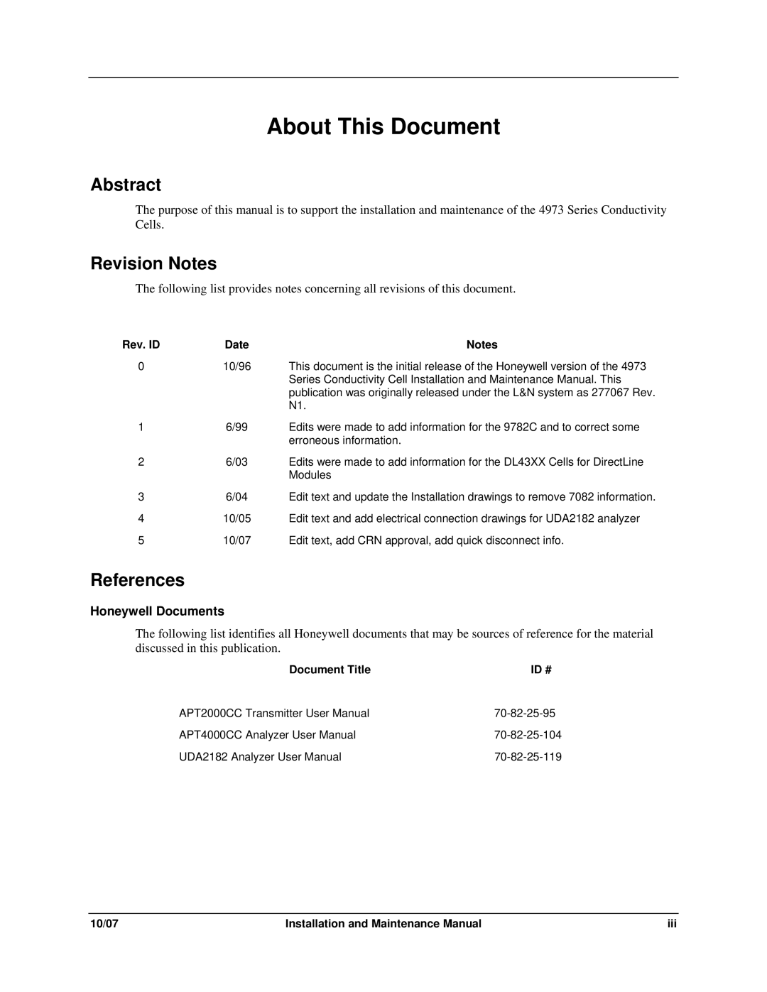 Honeywell 4973 Series manual Abstract, Revision Notes, References 