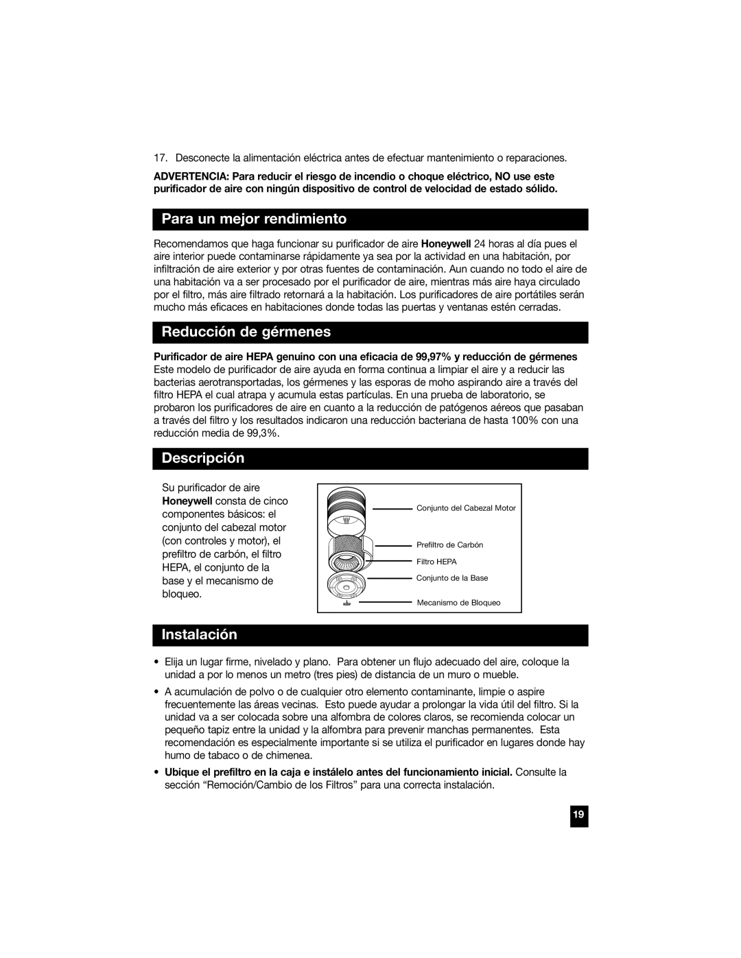 Honeywell 50250, 50100, 50300, 50200, 50150 manual Para un mejor rendimiento, Reducción de gérmenes, Descripción, Instalación 