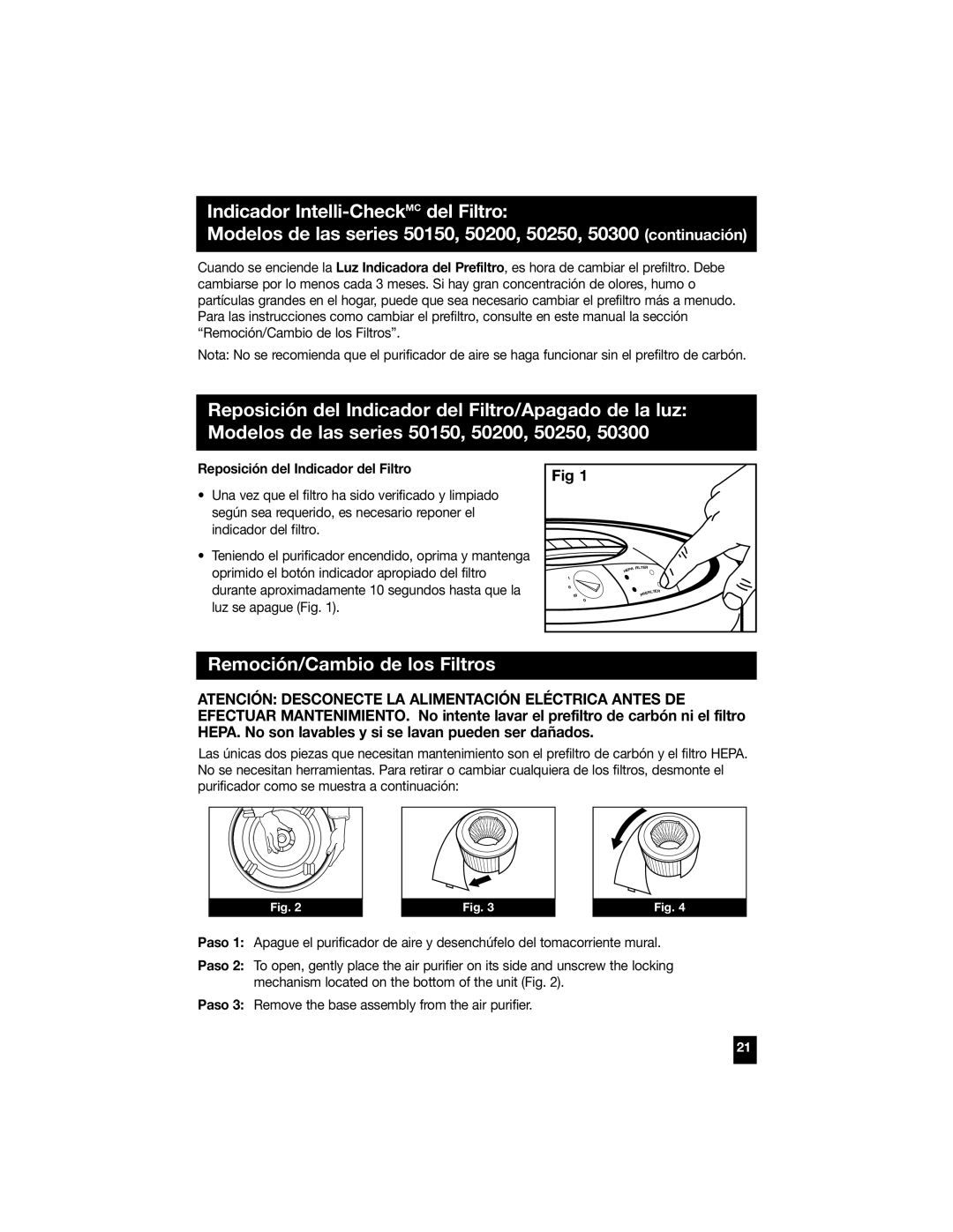Honeywell 50300, 50100, 50200, 50150, 50250 manual Remoción/Cambio de los Filtros, Reposición del Indicador del Filtro 