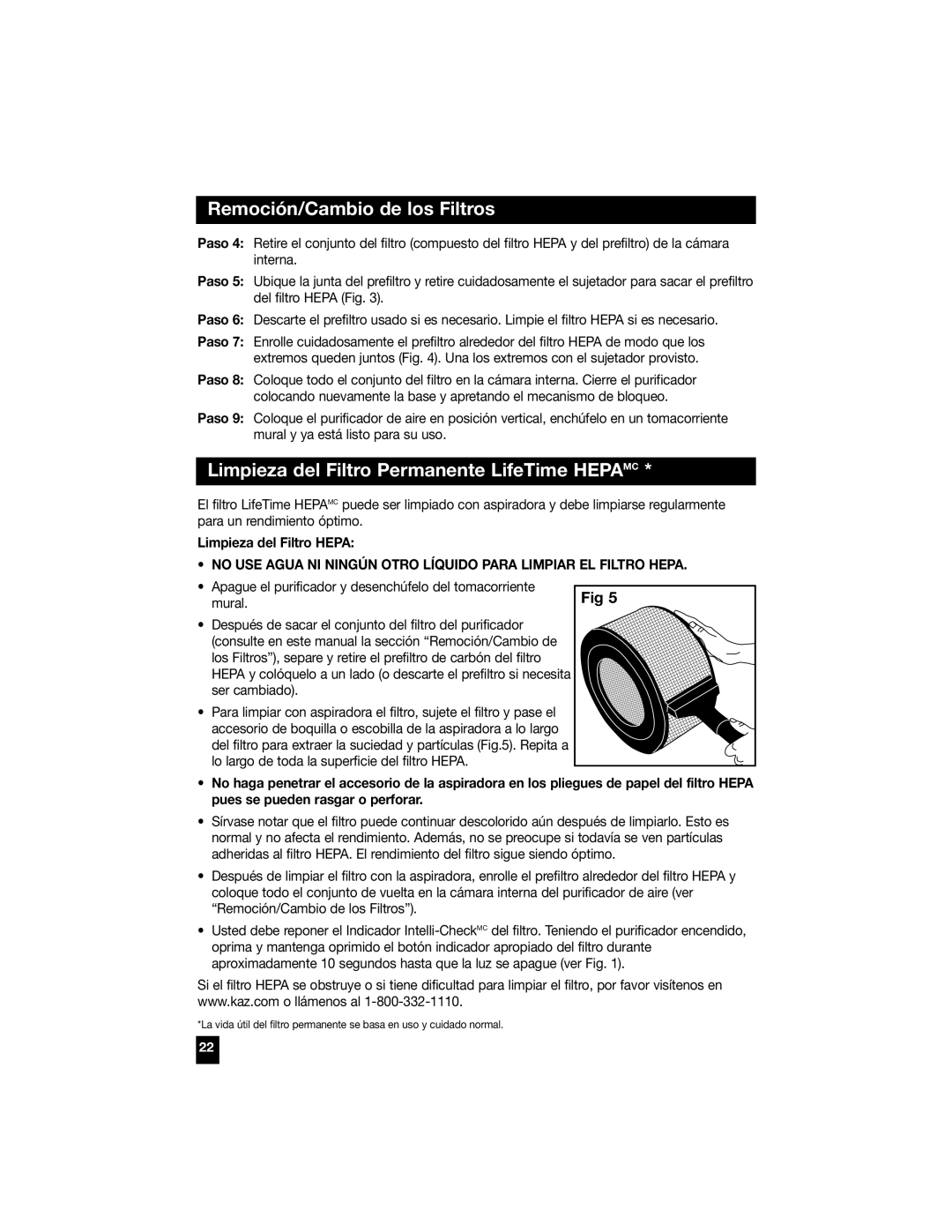 Honeywell 50200, 50100, 50300, 50150, 50250 manual Limpieza del Filtro Permanente LifeTime Hepamc, Limpieza del Filtro Hepa 