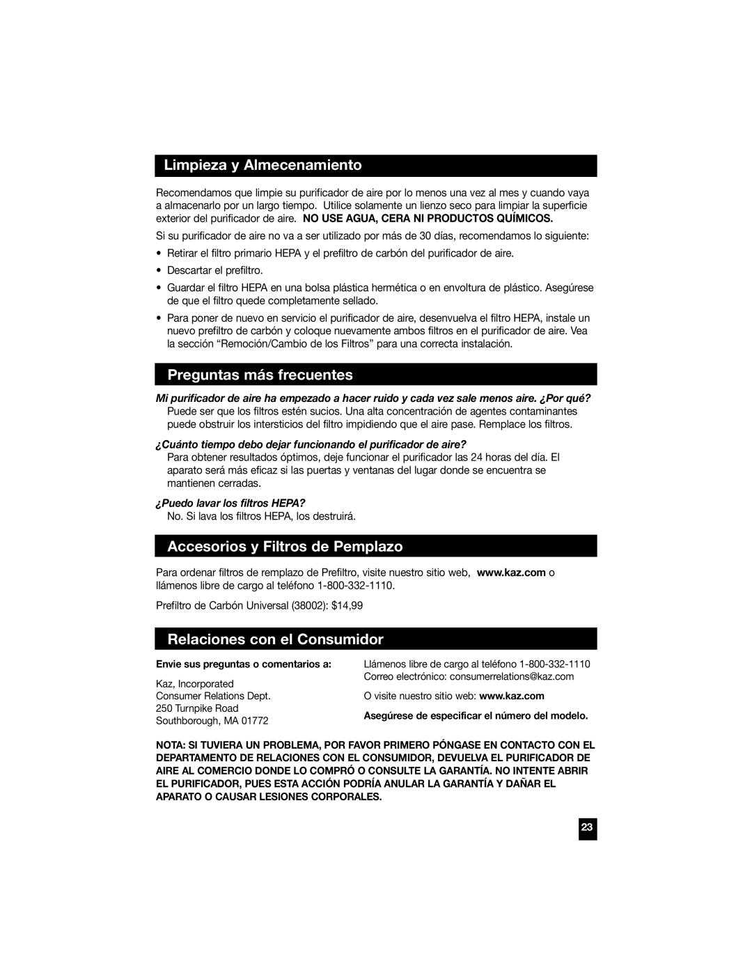 Honeywell 50150, 50100, 50300, 50200 Limpieza y Almecenamiento, Preguntas más frecuentes, Accesorios y Filtros de Pemplazo 