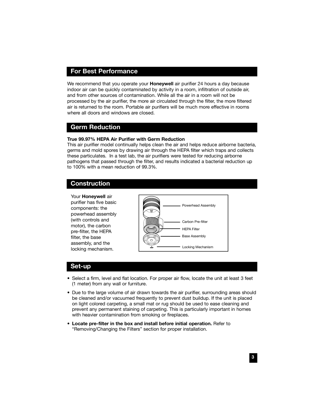 Honeywell 50150, 50100, 50300, 50200, 50250 manual For Best Performance, Germ Reduction, Construction, Set-up 