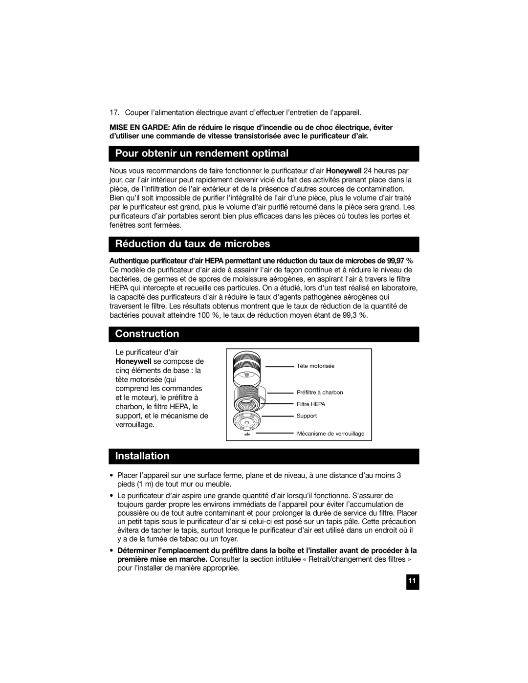 Honeywell 50300, 50100, 50200, 50150, 50250 Pour obtenir un rendement optimal, Réduction du taux de microbes, Installation 