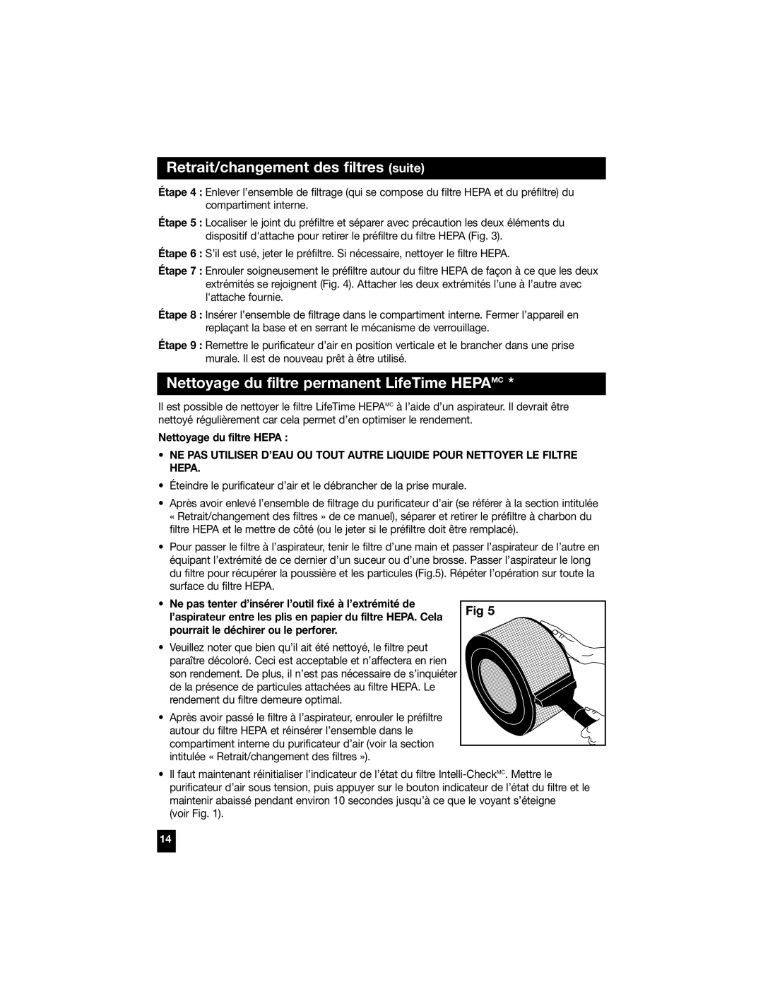 Honeywell 50250, 50100, 50300, 50200 Retrait/changement des filtres suite, Nettoyage du filtre permanent LifeTime Hepamc 