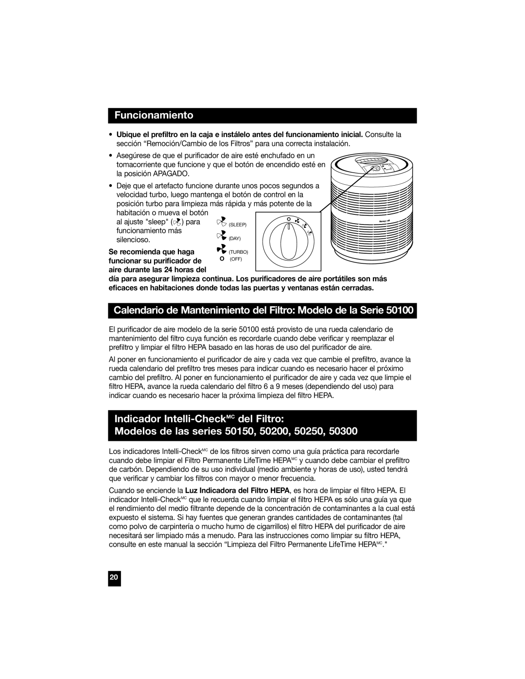 Honeywell 50100, 50300, 50200, 50150, 50250 manual Funcionamiento, Calendario de Mantenimiento del Filtro Modelo de la Serie 