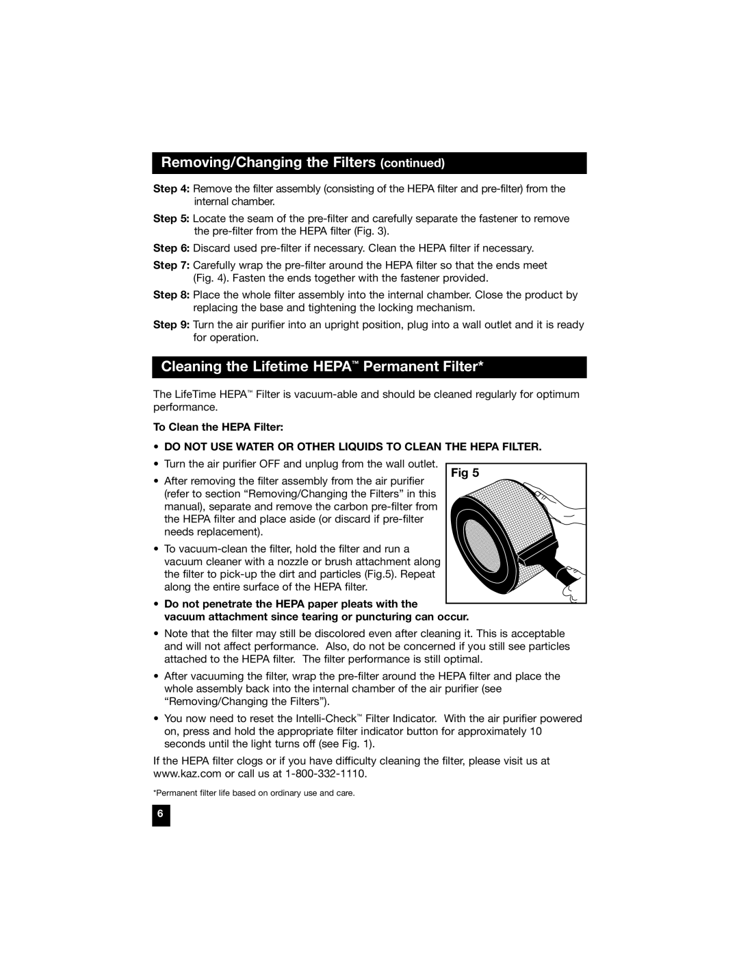 Honeywell 50300, 50100, 50200, 50150, 50250 manual Cleaning the Lifetime Hepa Permanent Filter, To Clean the Hepa Filter 