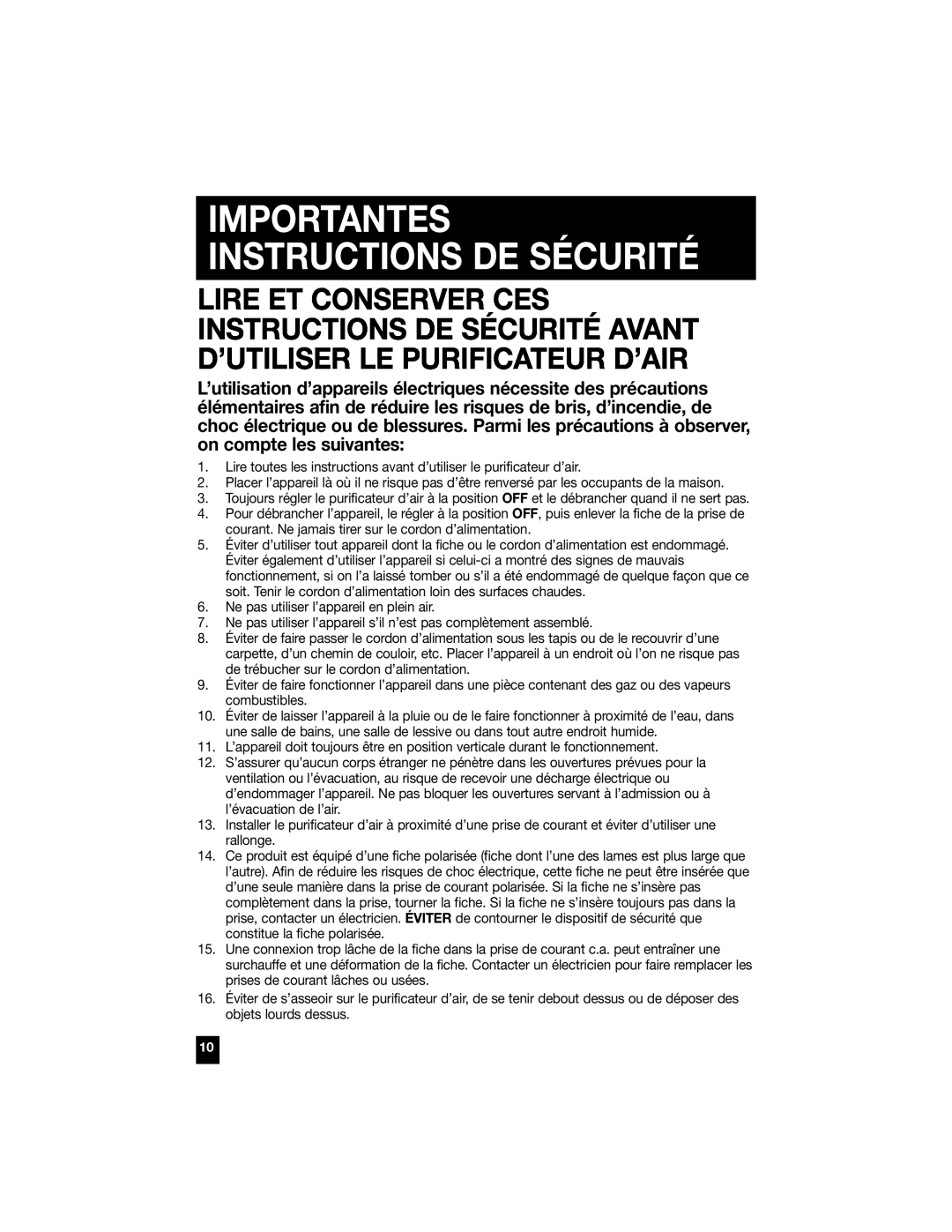 Honeywell 50100, 50300, 50200, 50150, 50250 manual Importantes Instructions De Sécurité 