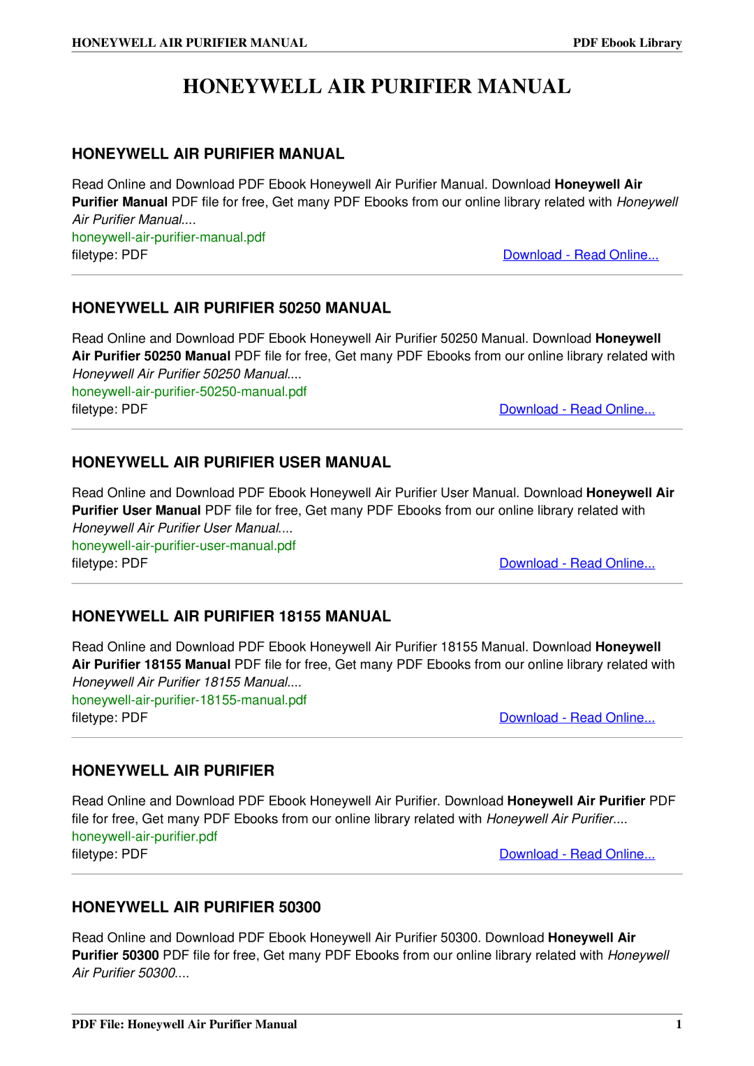 Honeywell 18155, 50300, 50250 user manual Honeywell AIR Purifier Manual 