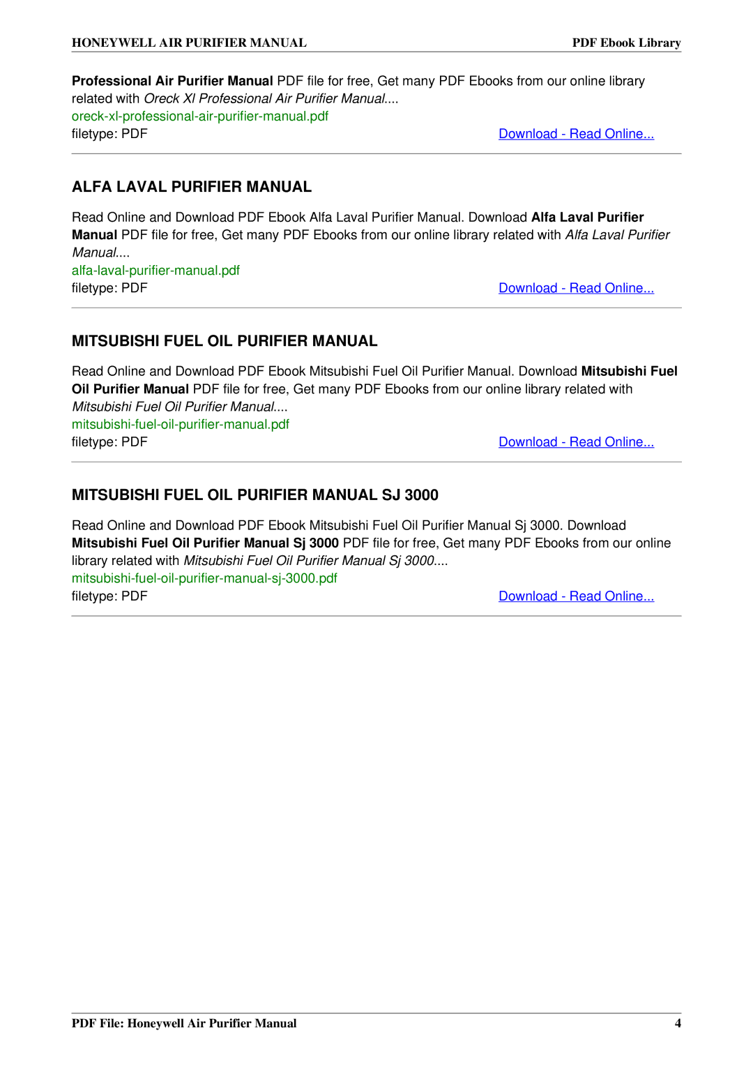 Honeywell 18155, 50300, 50250 user manual Alfa Laval Purifier Manual 