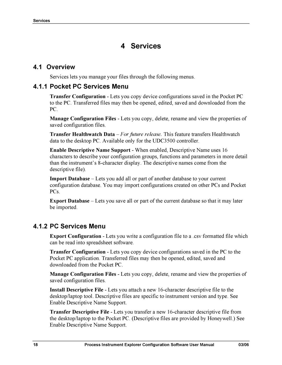 Honeywell 51-52-25-131 user manual Pocket PC Services Menu 