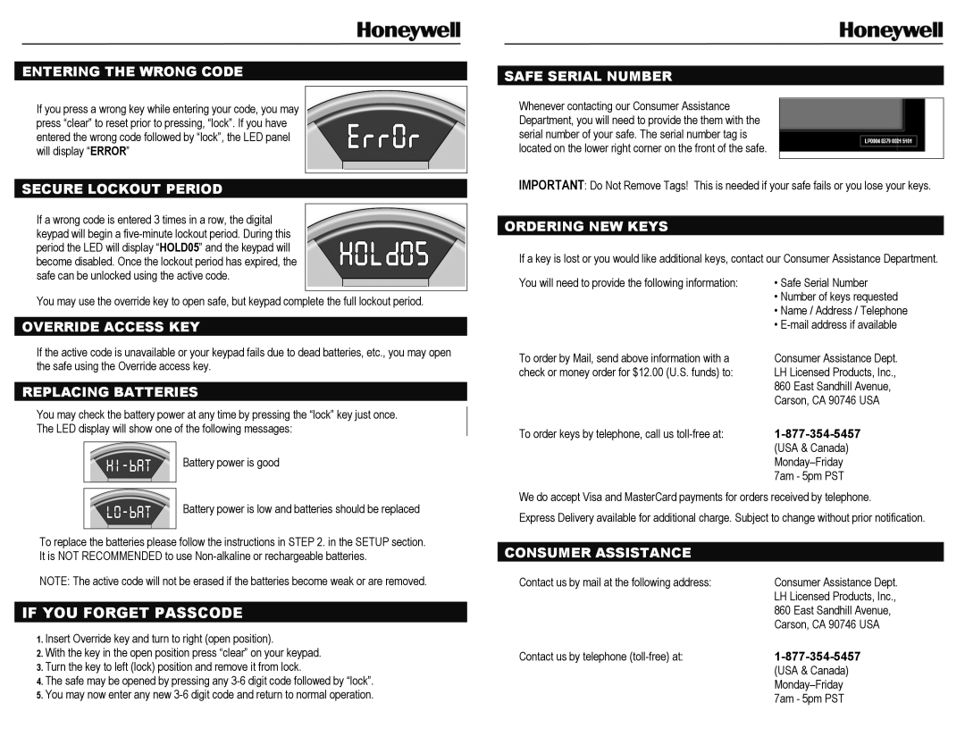 Honeywell 5103 Entering the Wrong Code, Secure Lockout Period, Override Access KEY, Replacing Batteries, Ordering NEW Keys 