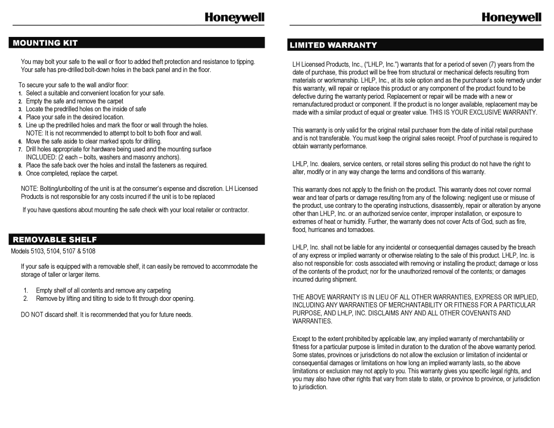 Honeywell 5103 manual Mounting KIT, Removable Shelf, Limited Warranty 