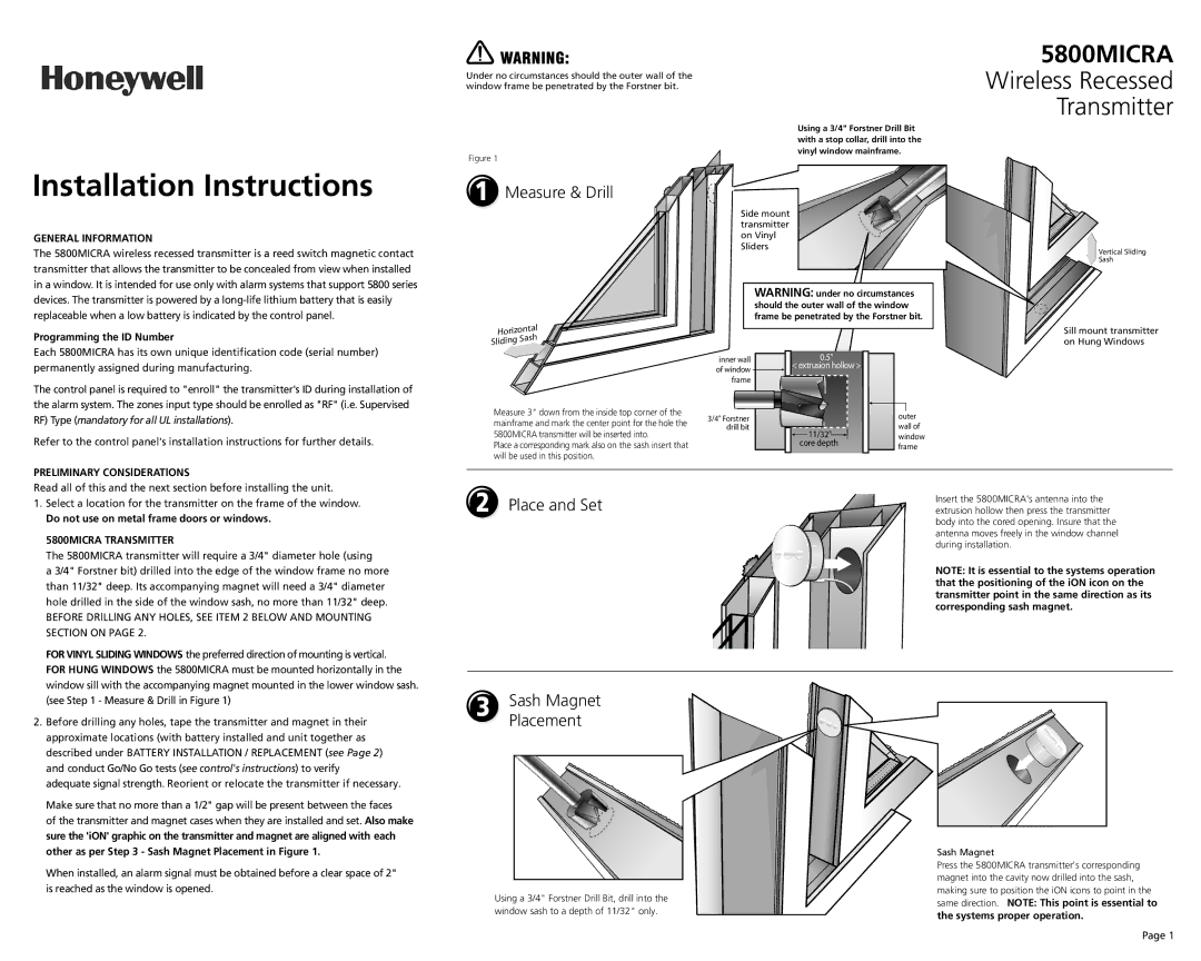 Honeywell 5800MICRA installation instructions Measure & Drill, Place and Set, Sash Magnet Placement, General Information 