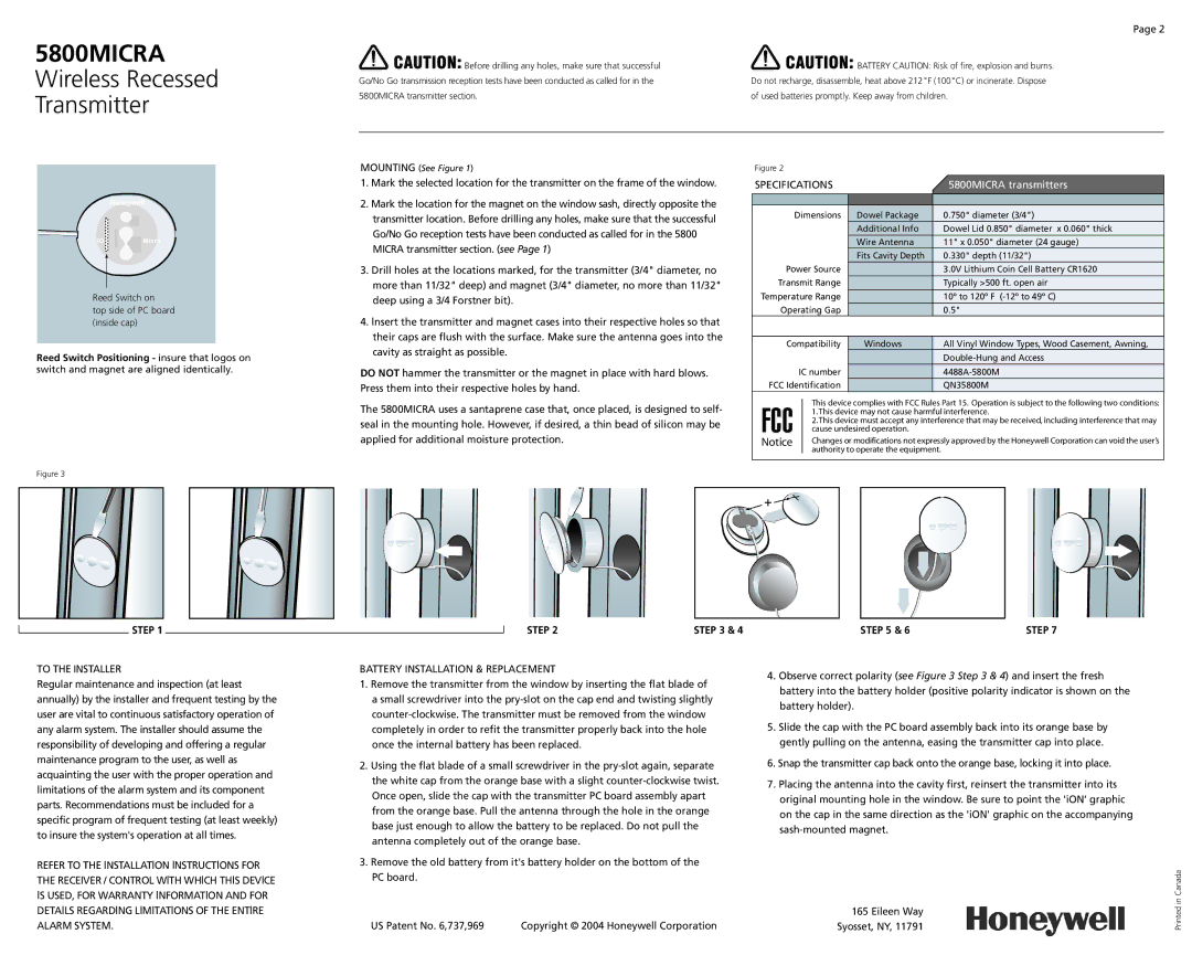 Honeywell 5800MICRA installation instructions Step, To the Installer, Alarm System, Battery Installation & Replacement 