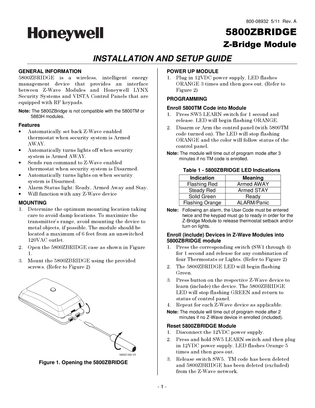 Honeywell 5800ZBRIDGE setup guide General Information, Mounting, Power UP Module, Programming 