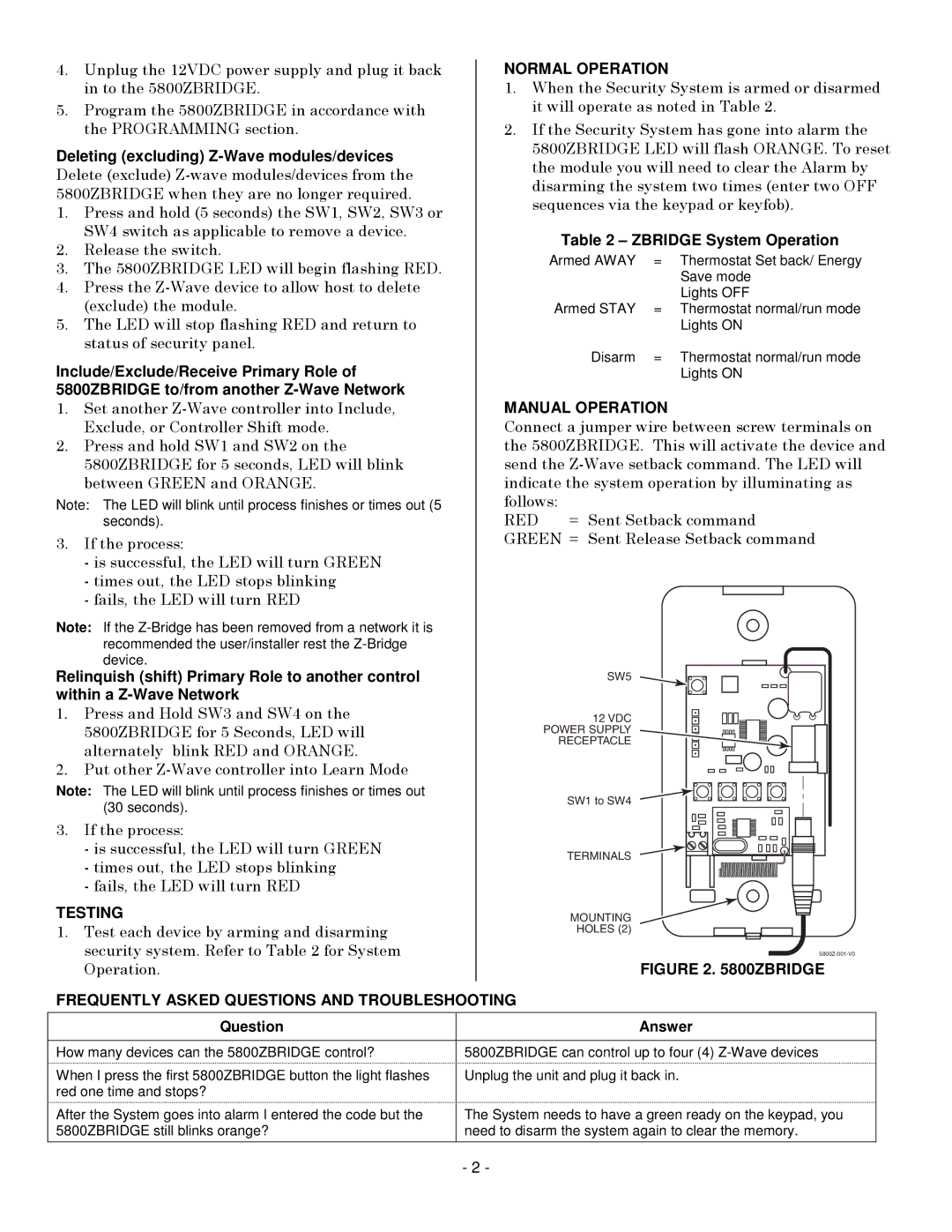 Honeywell 5800ZBRIDGE Normal Operation, Manual Operation, Testing, Frequently Asked Questions and Troubleshooting 