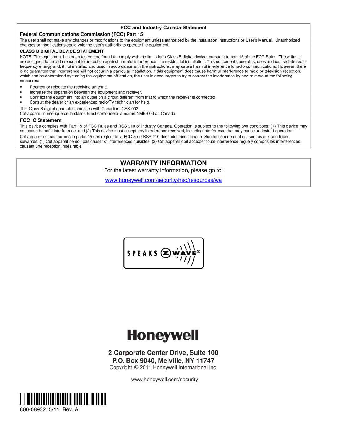 Honeywell 5800ZBRIDGE setup guide Ê800-08932NŠ 