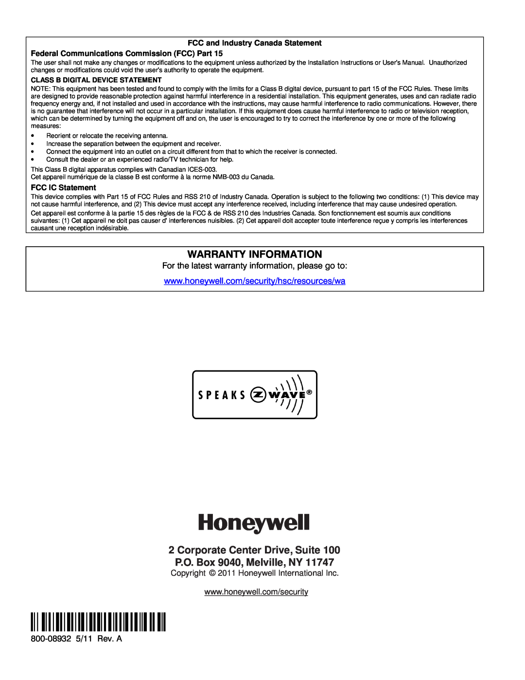 Honeywell 5800ZBRIDGE Ê800-08932NŠ, Warranty Information, Corporate Center Drive, Suite, P.O. Box 9040, Melville, NY 