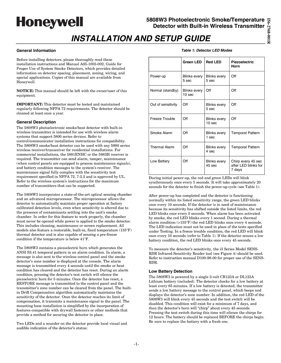 Honeywell 5808W3 setup guide I56-2768-001R, General Description, Low Battery Detection 