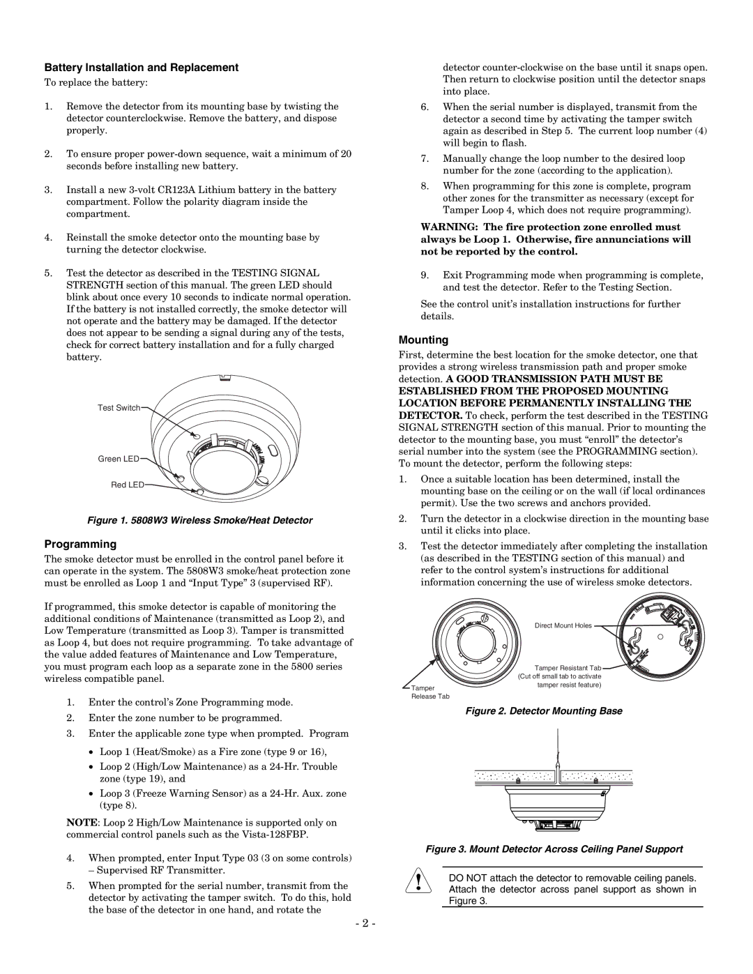 Honeywell 5808W3 setup guide Battery Installation and Replacement, Programming, Mounting 