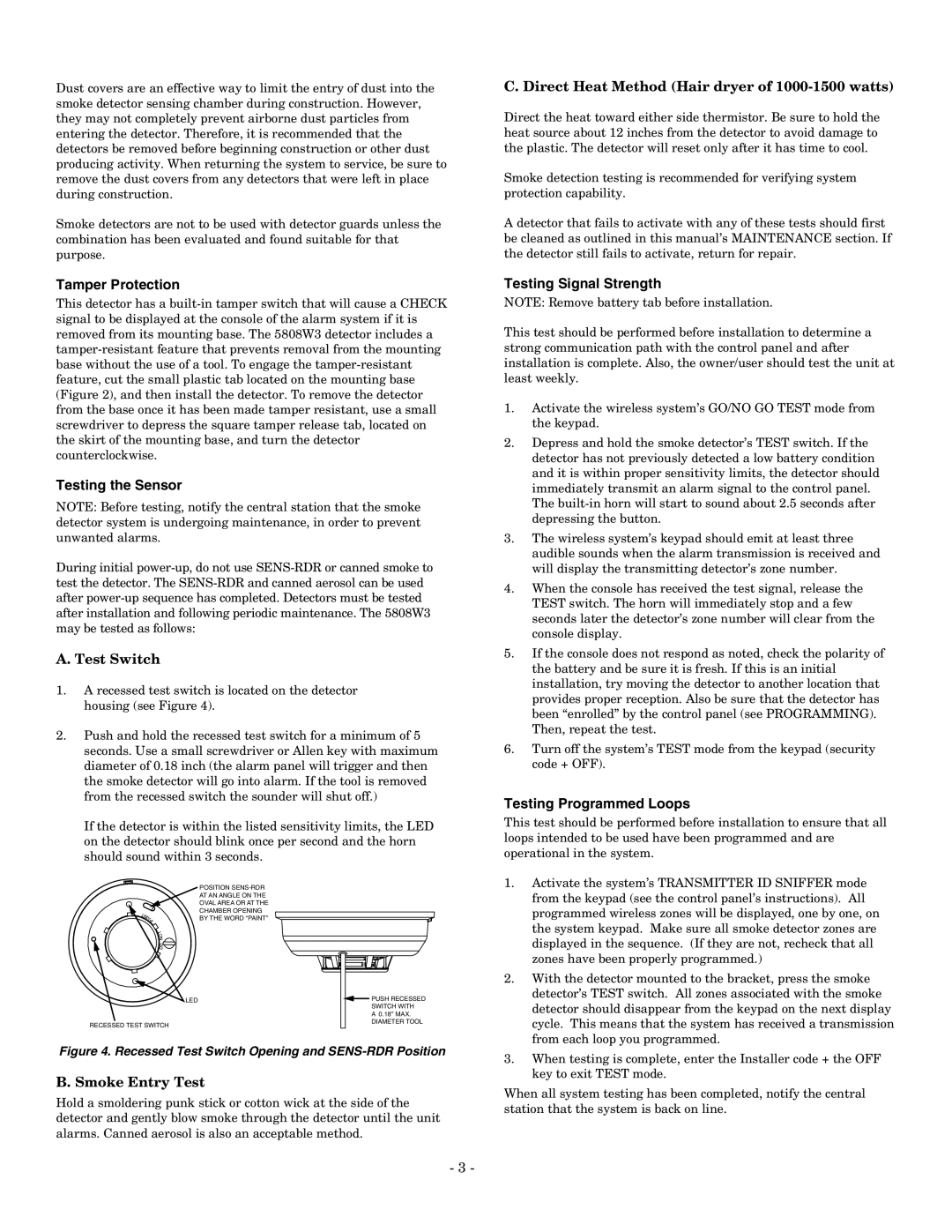 Honeywell 5808W3 setup guide Tamper Protection, Testing the Sensor, Testing Signal Strength, Testing Programmed Loops 