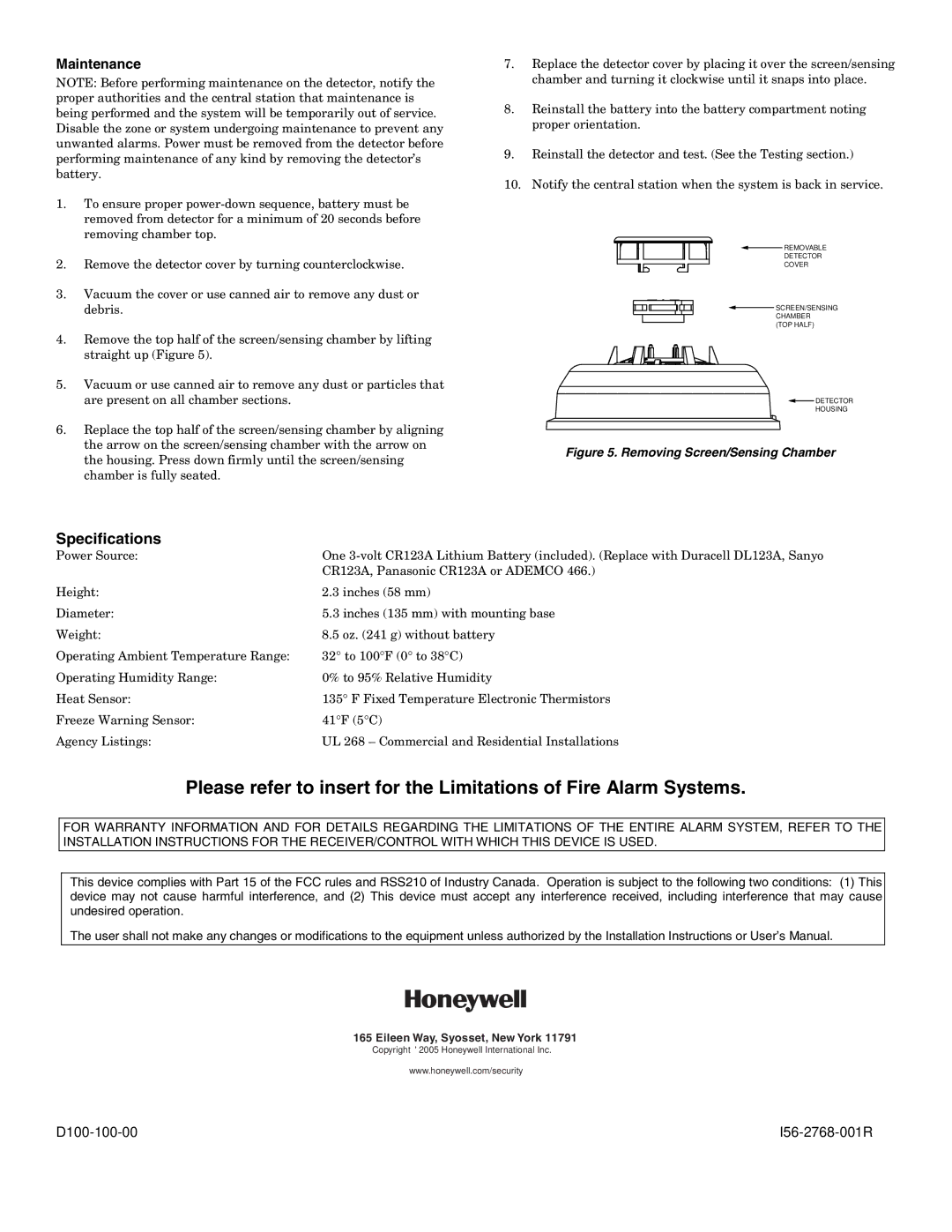 Honeywell 5808W3 setup guide Specifications, Maintenance 