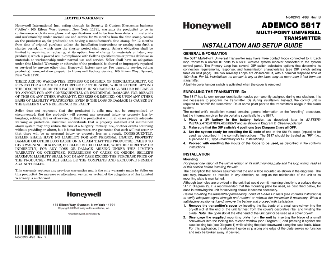 Honeywell 5817 warranty General Information, Installation 