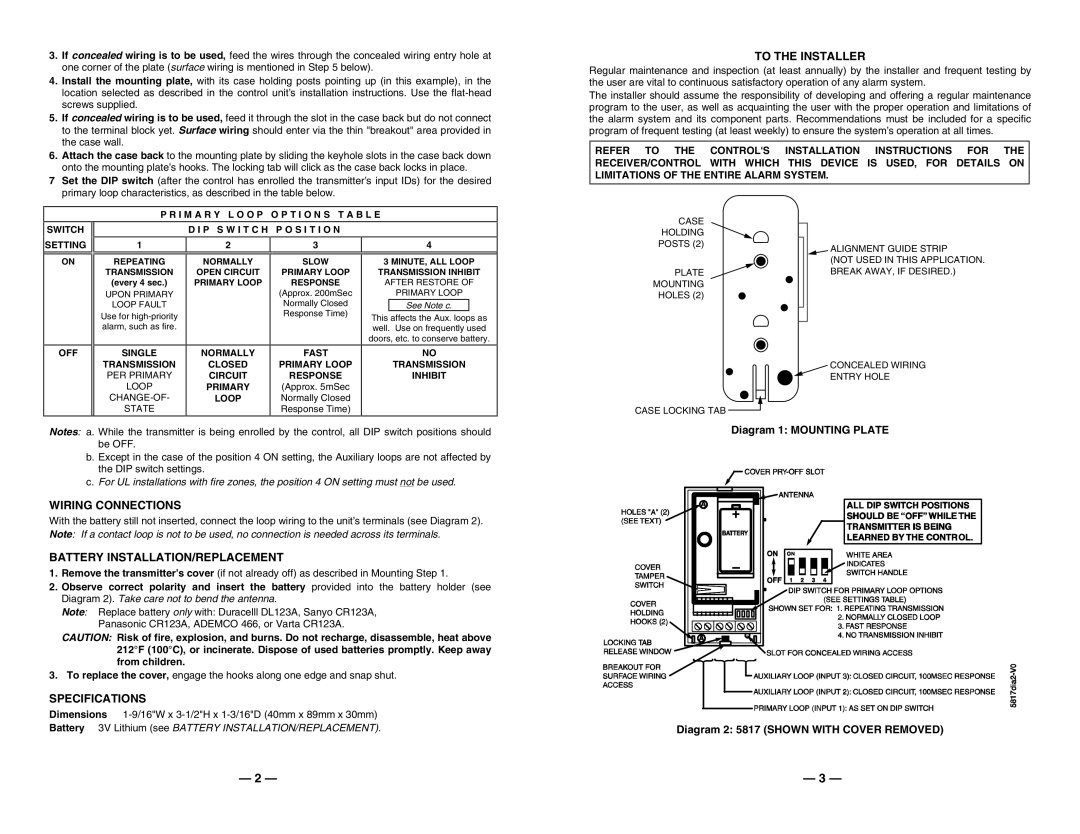 Honeywell 5817 warranty To the Installer, Wiring Connections, Battery INSTALLATION/REPLACEMENT, Specifications 