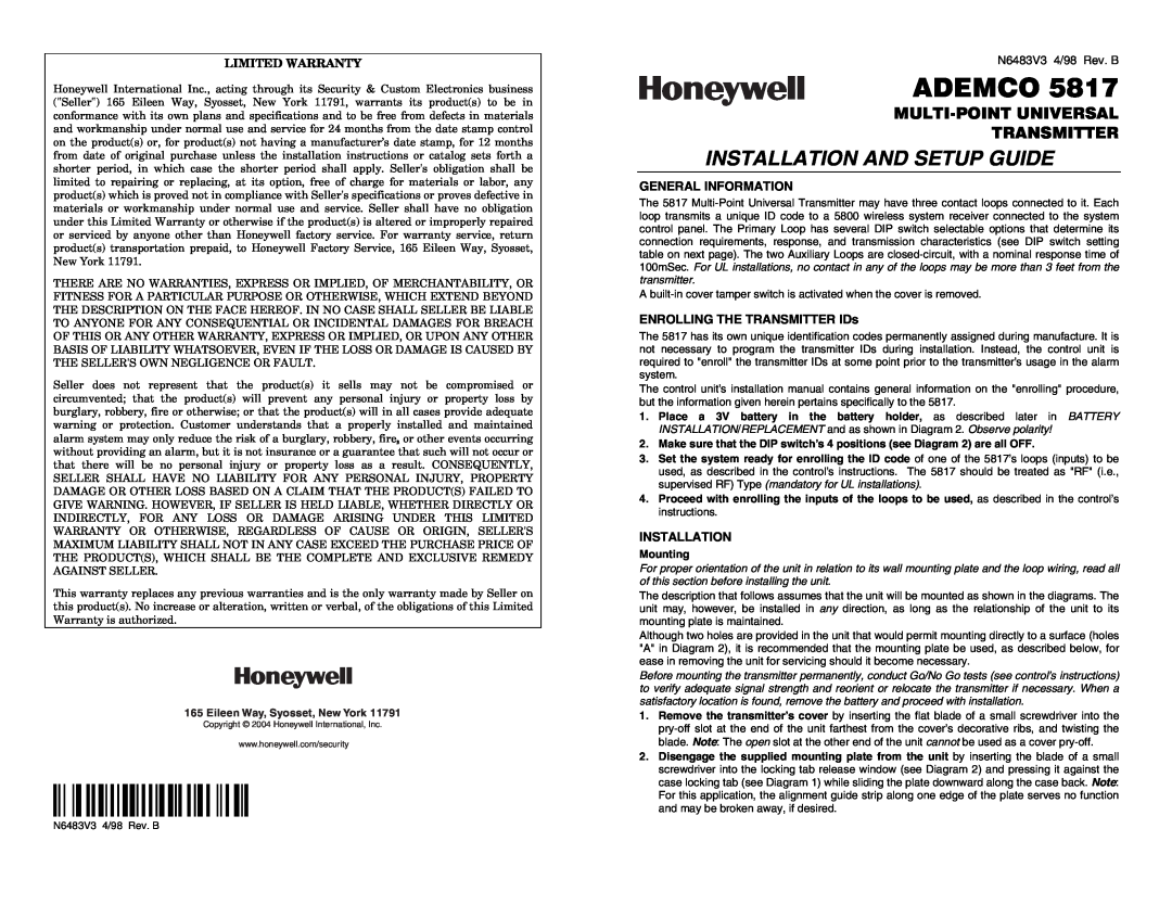 Honeywell 5817 warranty General Information, ENROLLING THE TRANSMITTER IDs, Installation, ¬19Ql, Ademco, Limited Warranty 