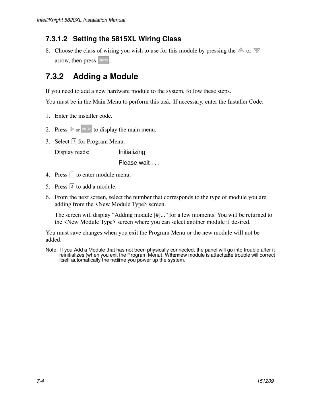 Honeywell 5820XL manual Adding a Module, Setting the 5815XL Wiring Class 