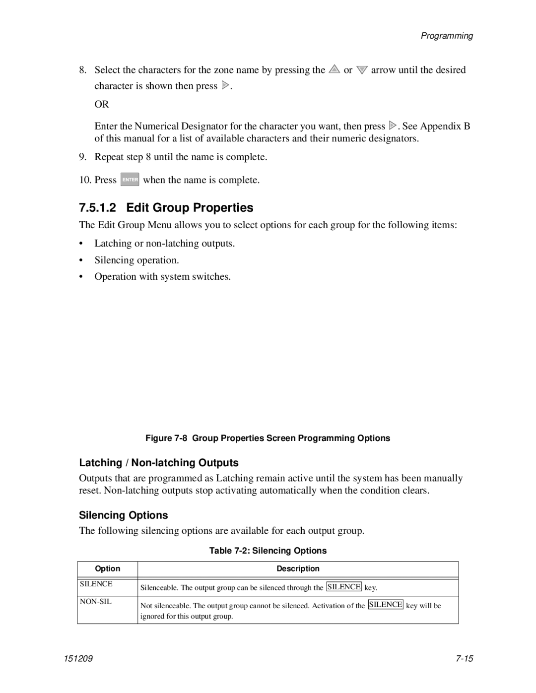 Honeywell 5820XL manual Edit Group Properties, Latching / Non-latching Outputs, Silencing Options, Option Description 