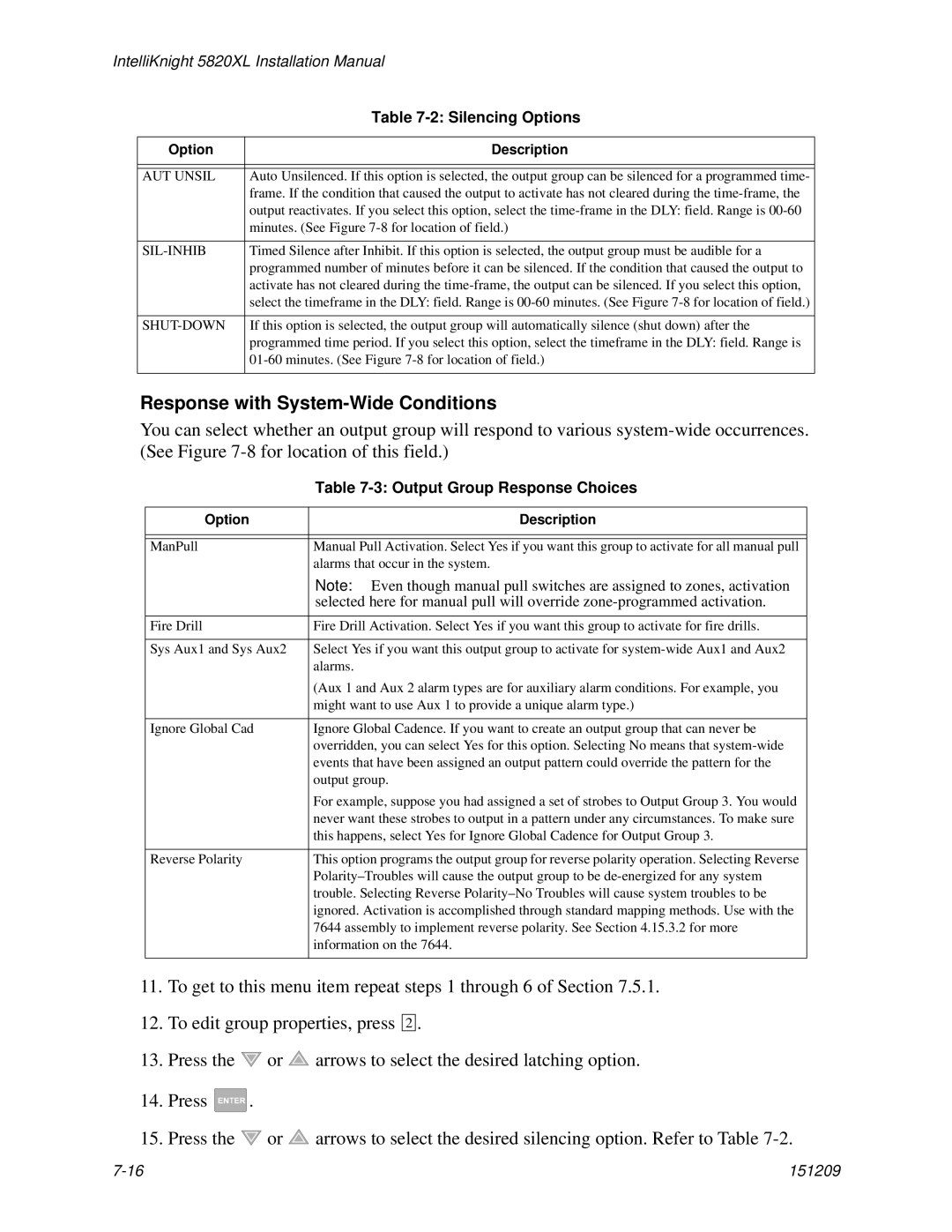 Honeywell 5820XL manual Response with System-Wide Conditions, Output Group Response Choices, AUT Unsil, Shut-Down 