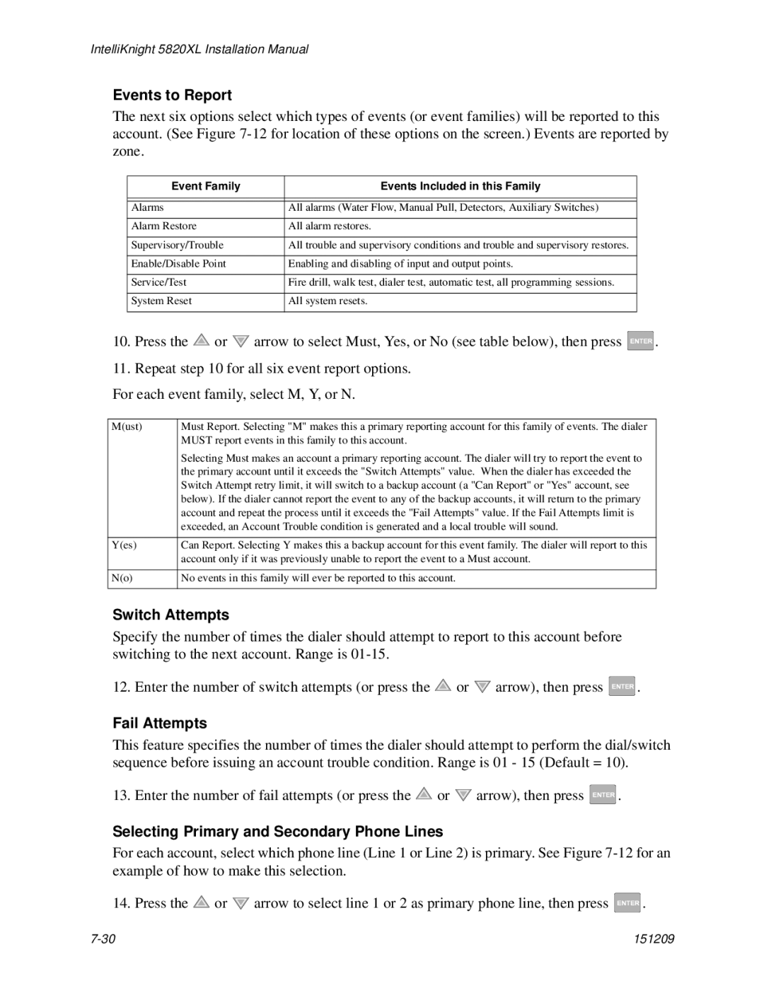 Honeywell 5820XL manual Events to Report, Switch Attempts, Fail Attempts, Selecting Primary and Secondary Phone Lines 