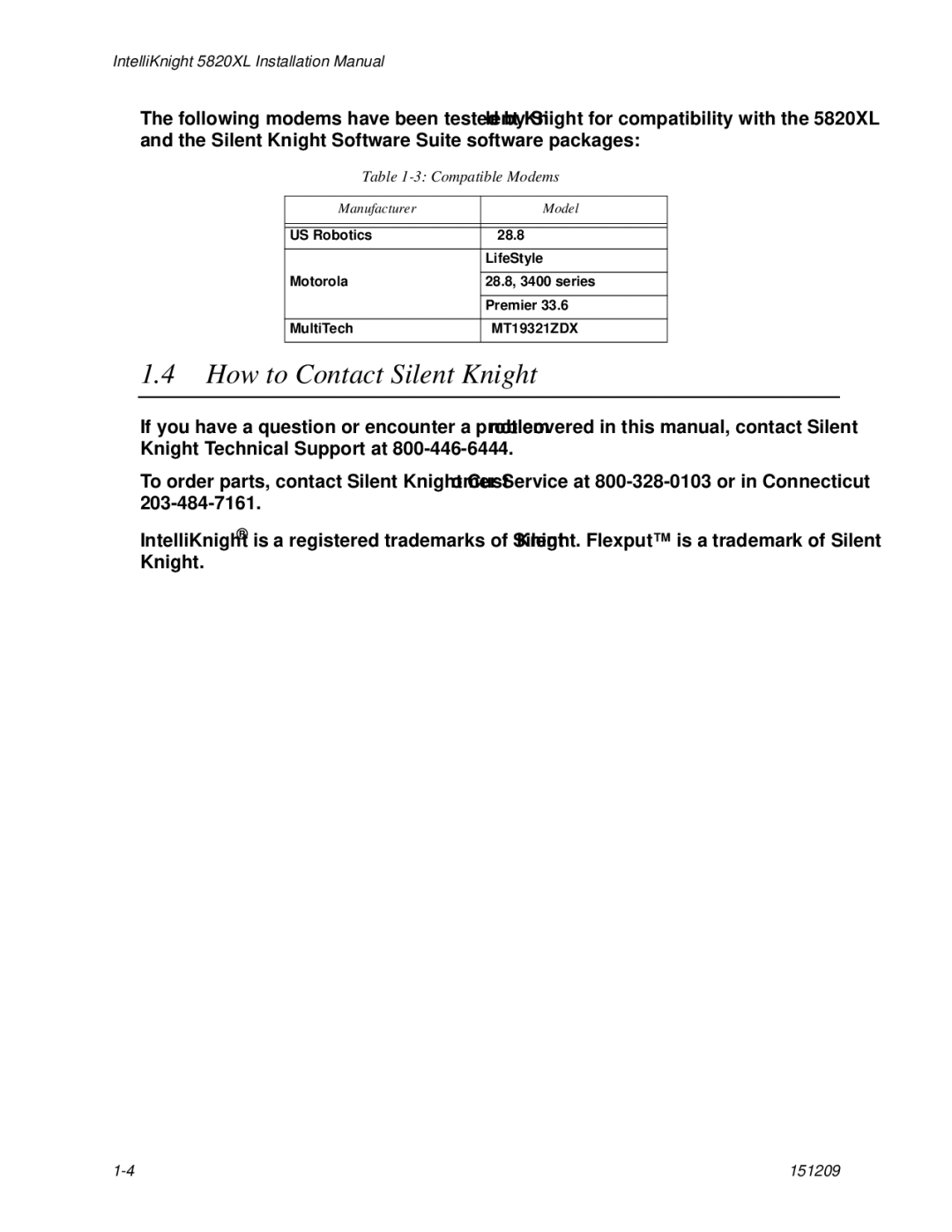 Honeywell 5820XL manual How to Contact Silent Knight, Compatible Modems, Manufacturer Model 