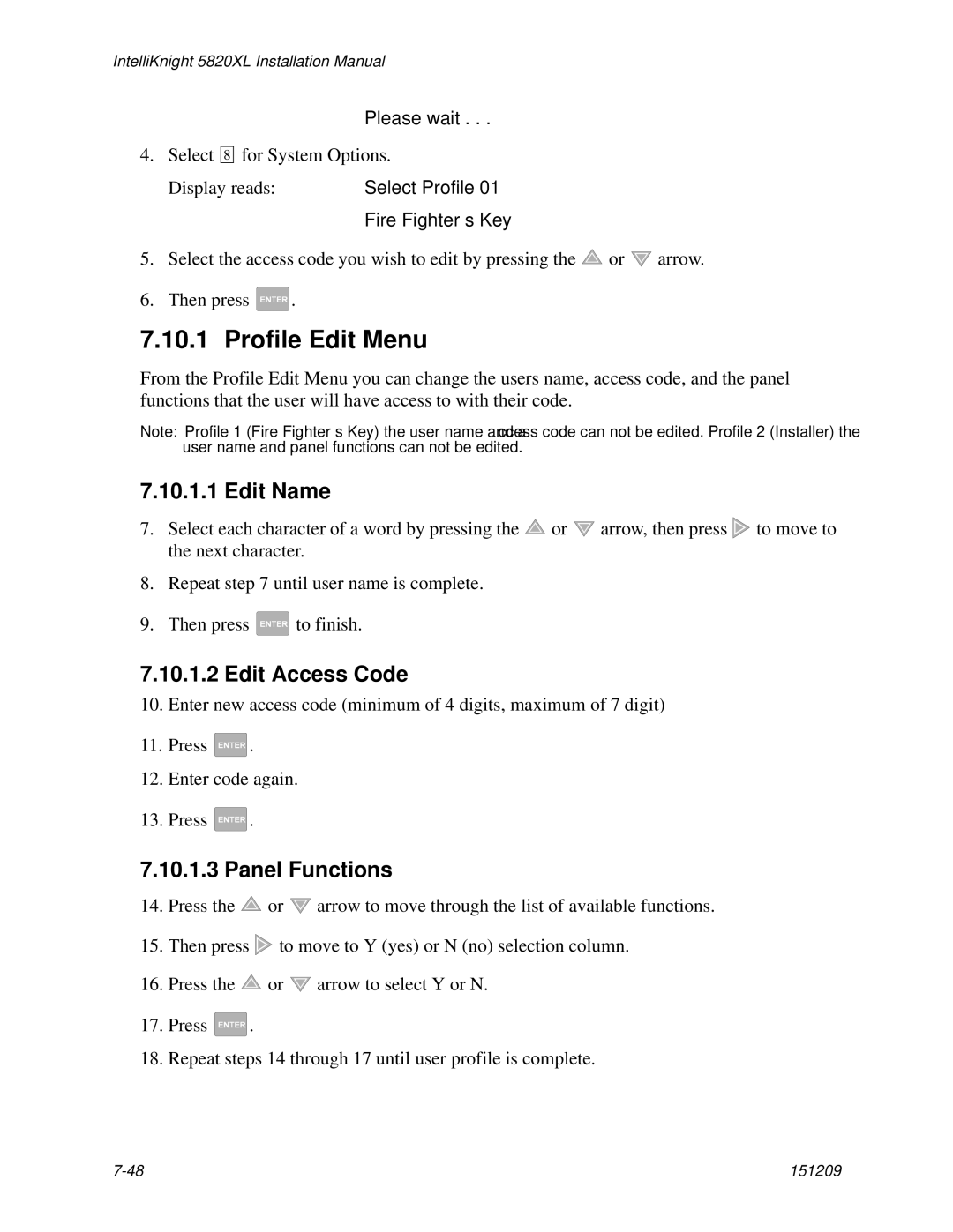 Honeywell 5820XL manual Profile Edit Menu, Edit Name, Edit Access Code, Panel Functions 