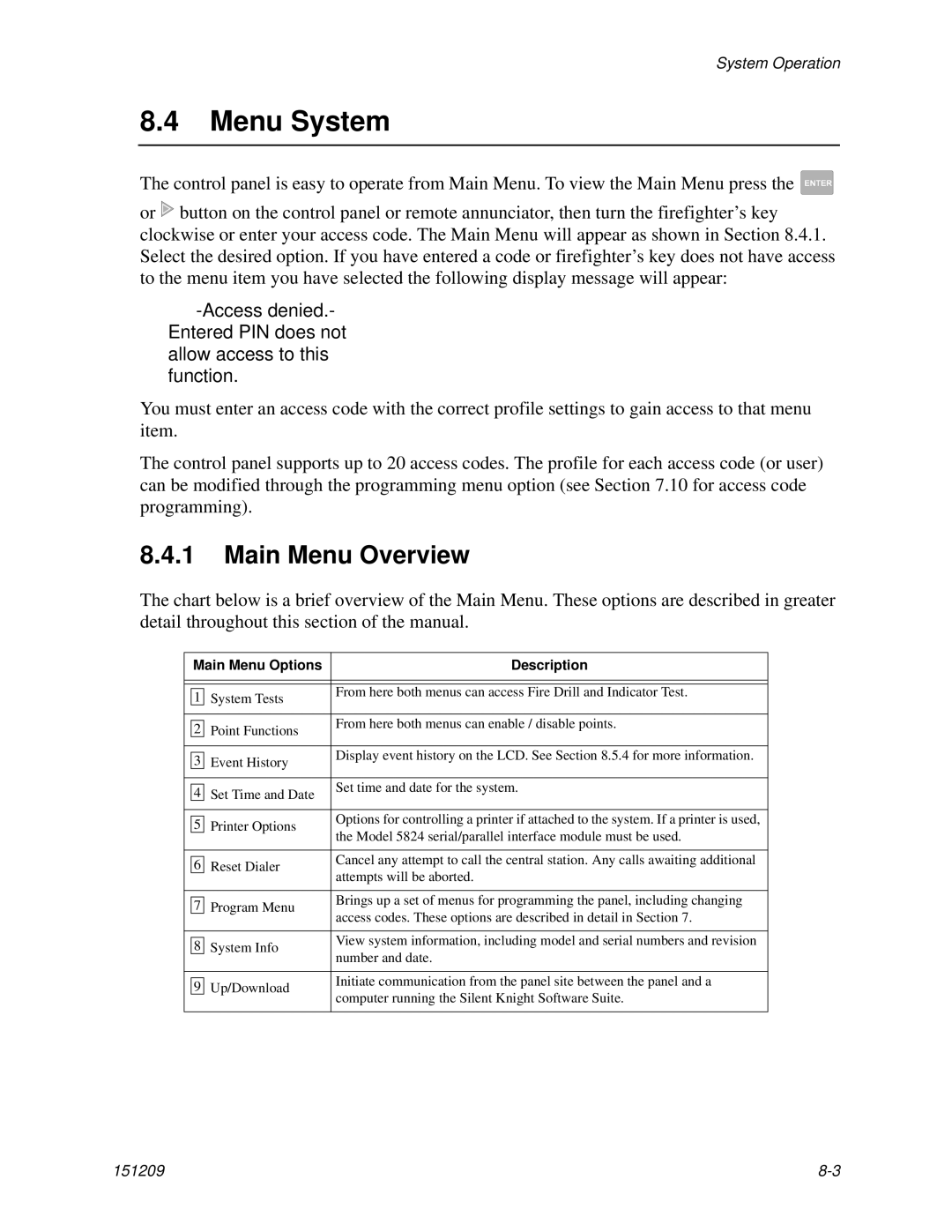 Honeywell 5820XL manual Menu System, Main Menu Overview, Main Menu Options Description 