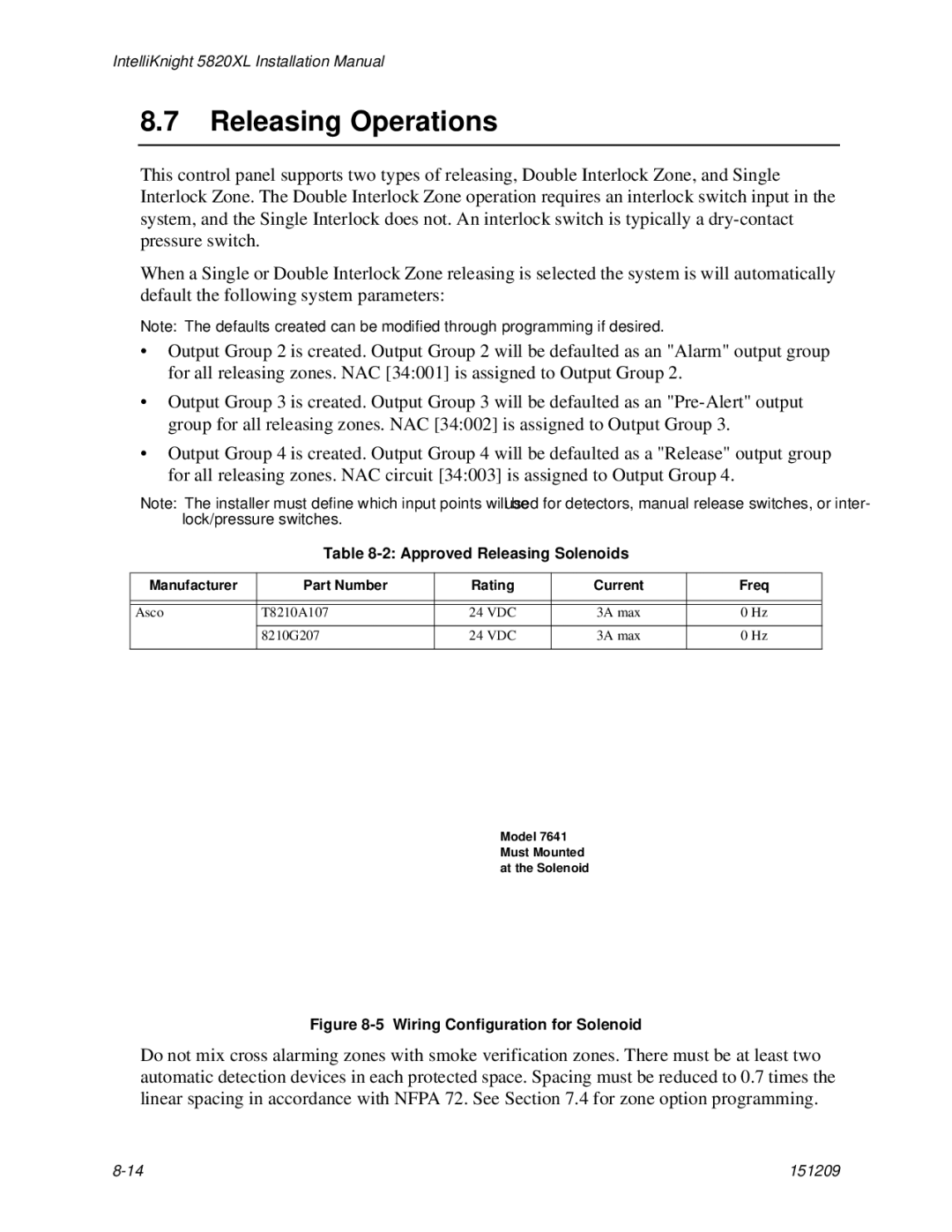 Honeywell 5820XL manual Releasing Operations, Approved Releasing Solenoids, Manufacturer Part Number Rating Current Freq 