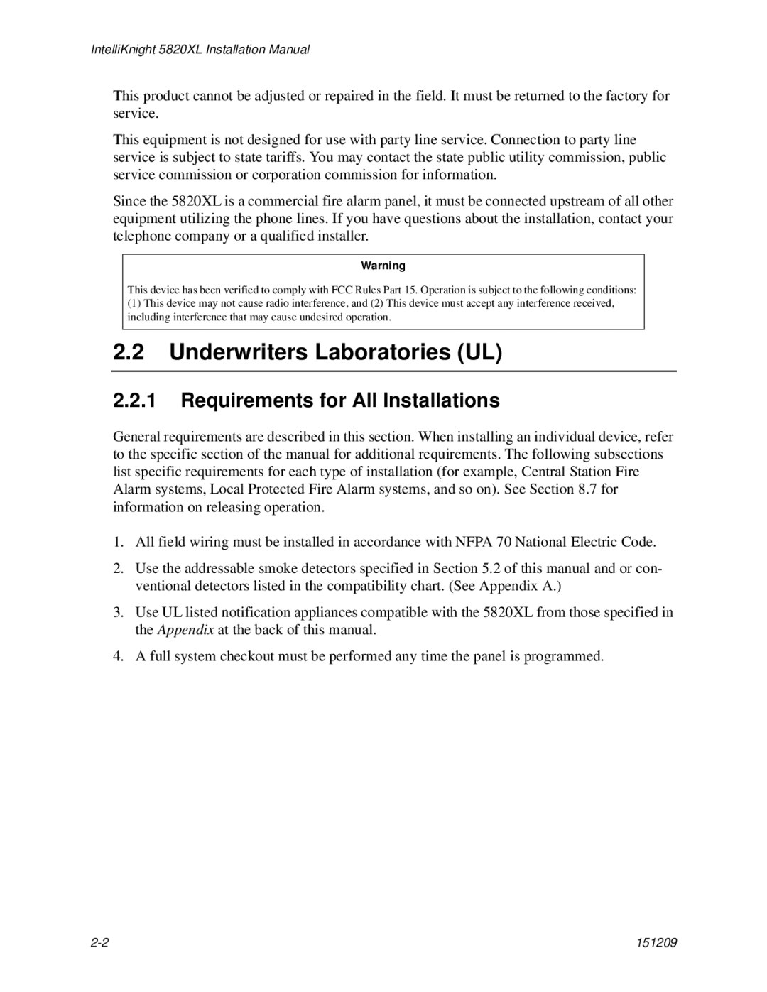 Honeywell 5820XL manual Underwriters Laboratories UL, Requirements for All Installations 