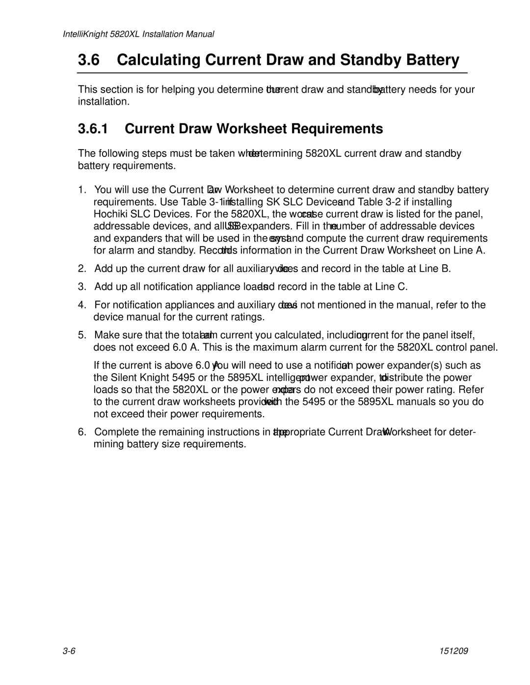 Honeywell 5820XL manual Calculating Current Draw and Standby Battery, Current Draw Worksheet Requirements 