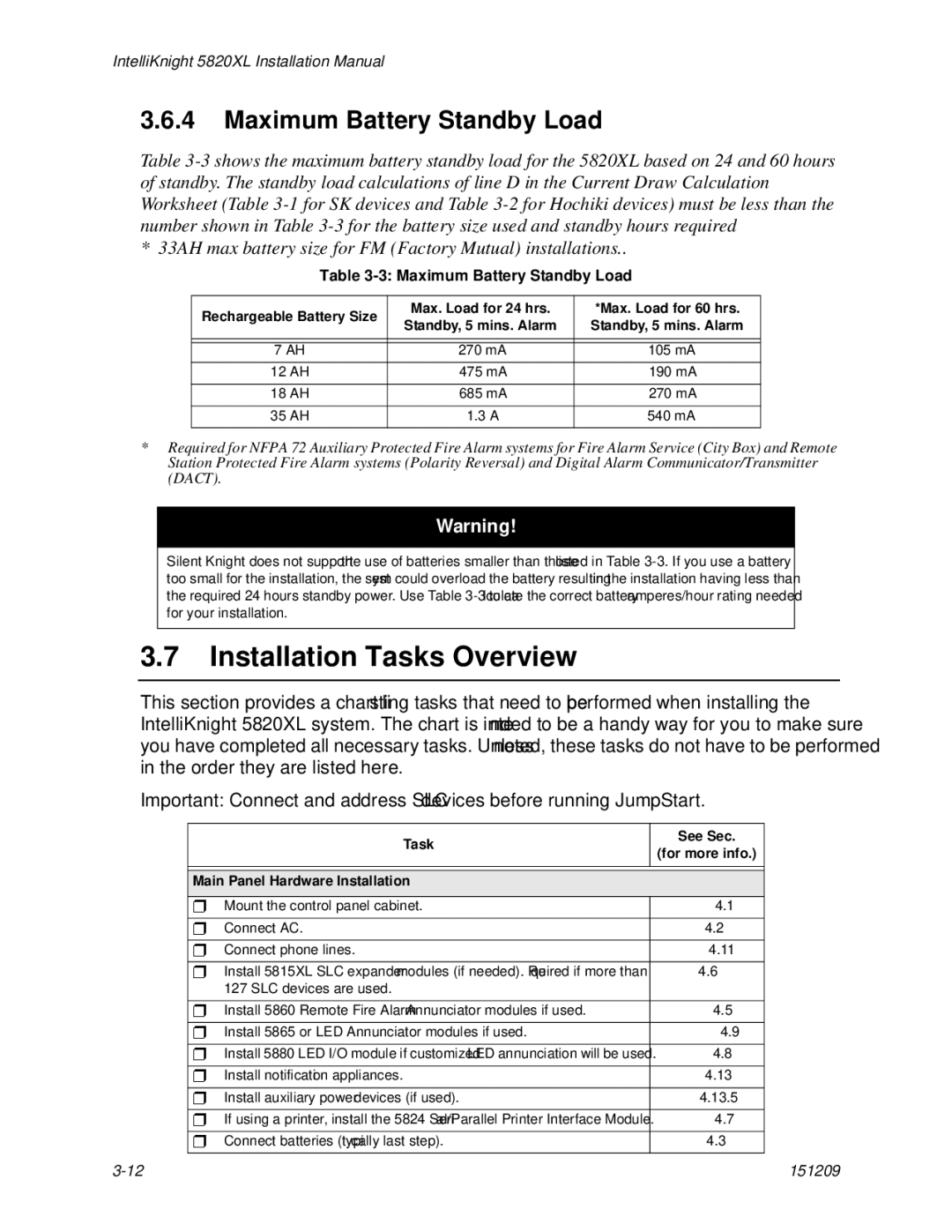 Honeywell 5820XL manual Installation Tasks Overview, Maximum Battery Standby Load 