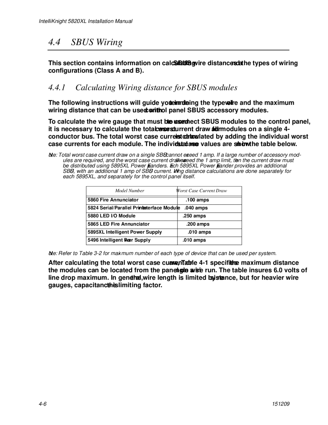 Honeywell 5820XL manual Sbus Wiring, Calculating Wiring distance for Sbus modules, Model Number Worst Case Current Draw 