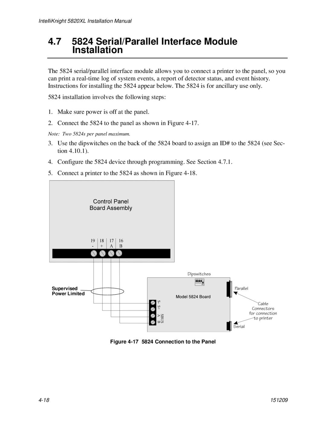 Honeywell 5820XL manual Serial/Parallel Interface Module Installation, 17 5824 Connection to the Panel 