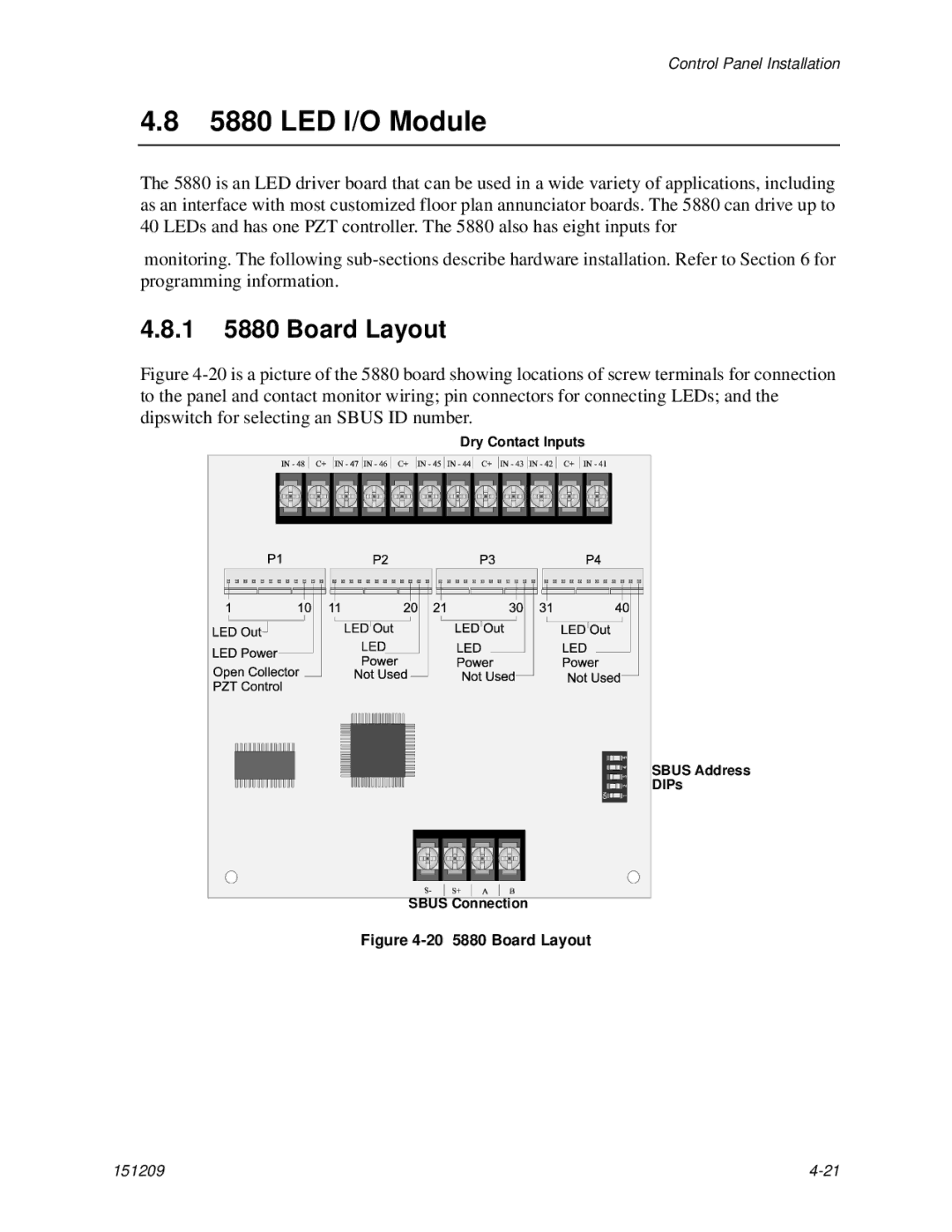 Honeywell 5820XL manual LED I/O Module, 1 5880 Board Layout, Dry Contact Inputs Sbus Address DIPs Sbus Connection 