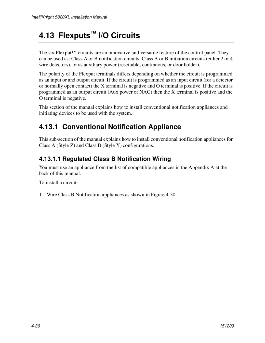 Honeywell 5820XL manual Flexputs I/O Circuits, Conventional Notification Appliance, Regulated Class B Notification Wiring 