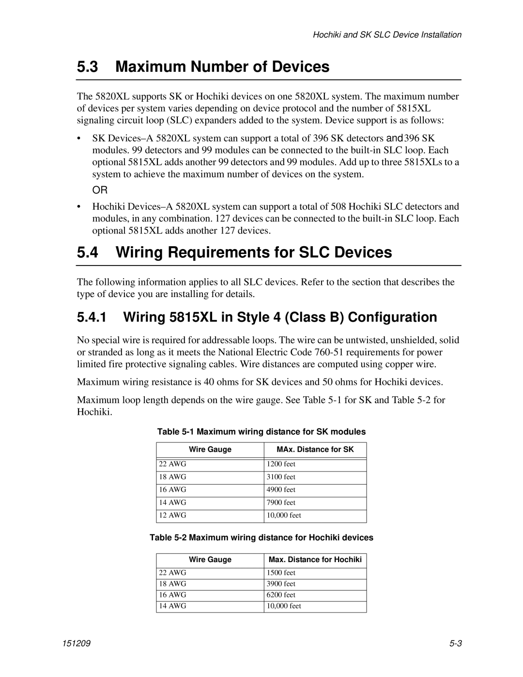 Honeywell 5820XL Maximum Number of Devices, Wiring Requirements for SLC Devices, Maximum wiring distance for SK modules 